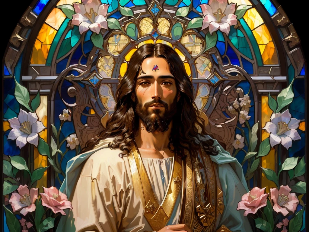 arafed image of jesus with a stained glass background, portrait of jesus christ, jesus christ, jesus of nazareth, the lord and savior, catholic religious art, jesus, jesus face, gigachad jesus, stained glass art, young almighty god, christian art, mucha style 4k, cyberpunk jesus christ, jesus christ smoking a blunt, fan art, black jesus