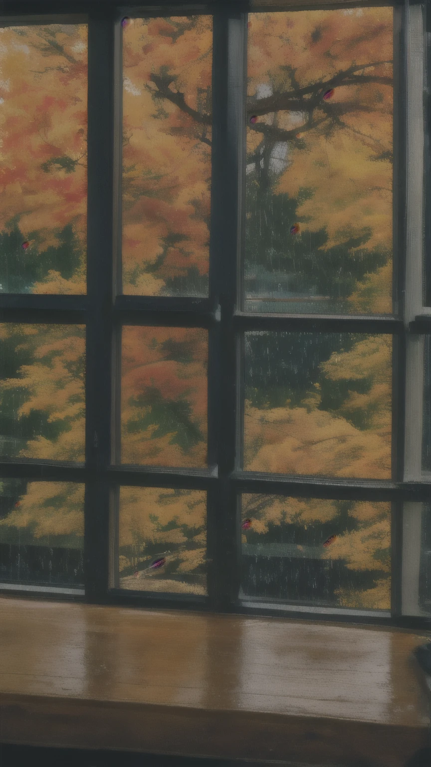 there is a window with a view of a tree outside, window ( rain ), fall leaves outside, autumn leaves, autumn rain turkel, raining outside the window, rainy window, it is raining outside the window, rainy day outside, raining outside, rain falling, rain falls, it's raining outside, rainy outside, rain!!!!, beautiful image, rainy mood, hyperrealistic fall, inside on a rainy day