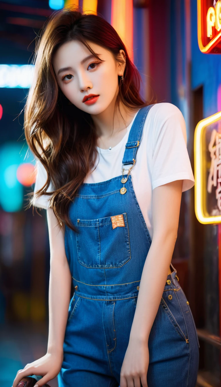 a beautiful girl in dungarees and denim posing in retro neon lights, in the style of zhang jingna, candid celebrity shots, berthe morisot, wavy, sandara tang, intense close-ups,