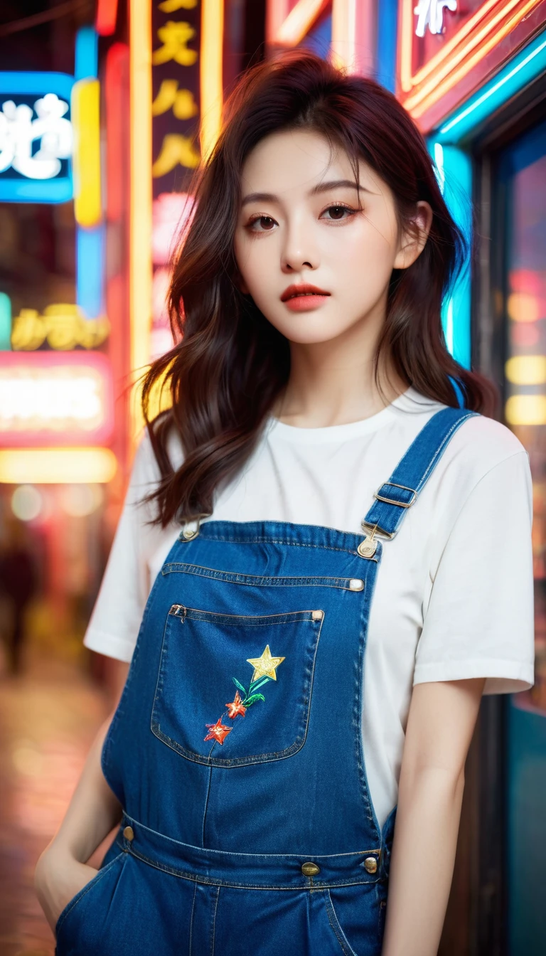 a beautiful girl in dungarees and denim posing in retro neon lights, in the style of zhang jingna, candid celebrity shots, berthe morisot, wavy, sandara tang, intense close-ups,