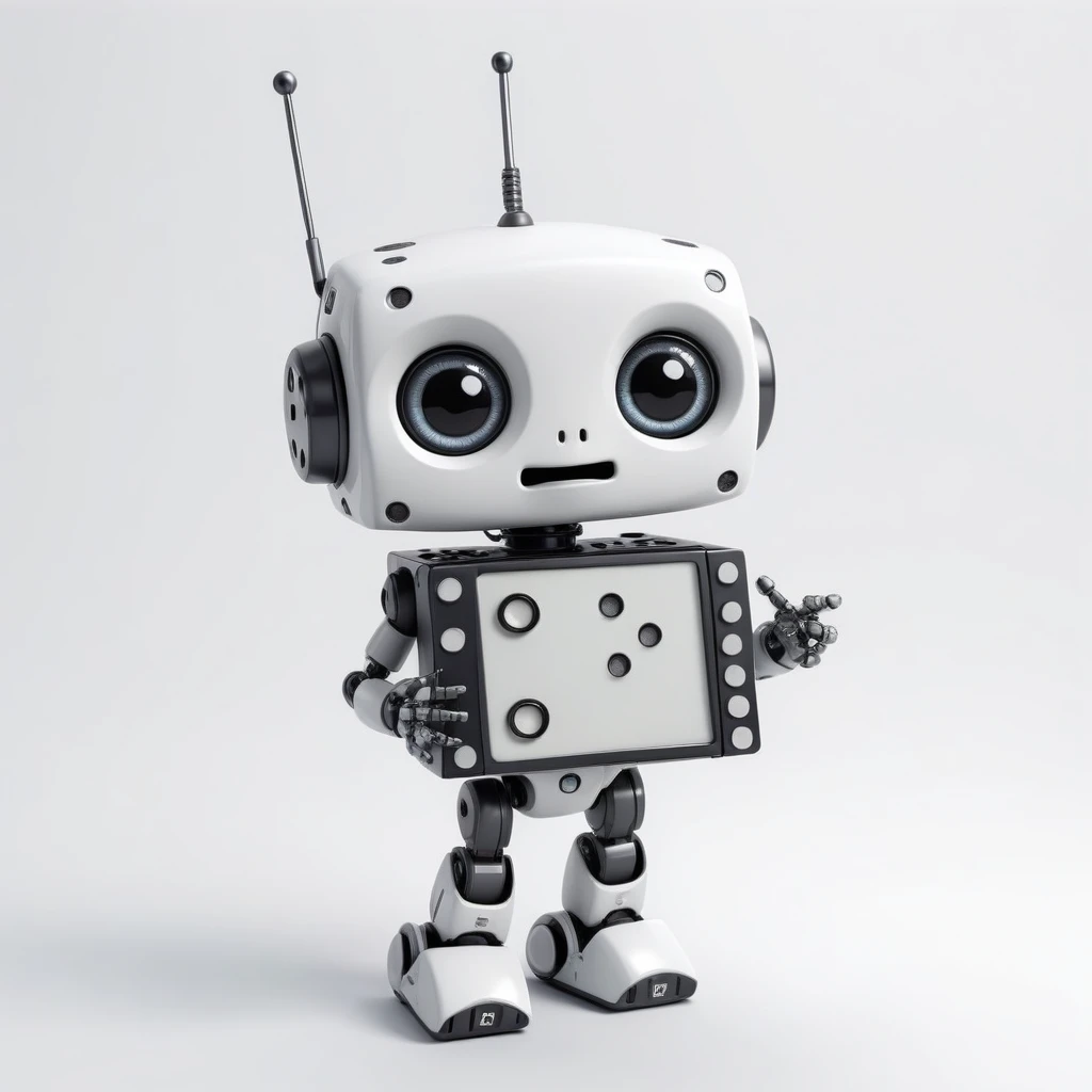「Lost in the digital world」、A cartoon-style robot with a dice motif,A cute robot、Big eyes closed,antenna,Electronic display panel on chest、Holding the microphone close to your mouth、whole body、Background is white、Mouth closed