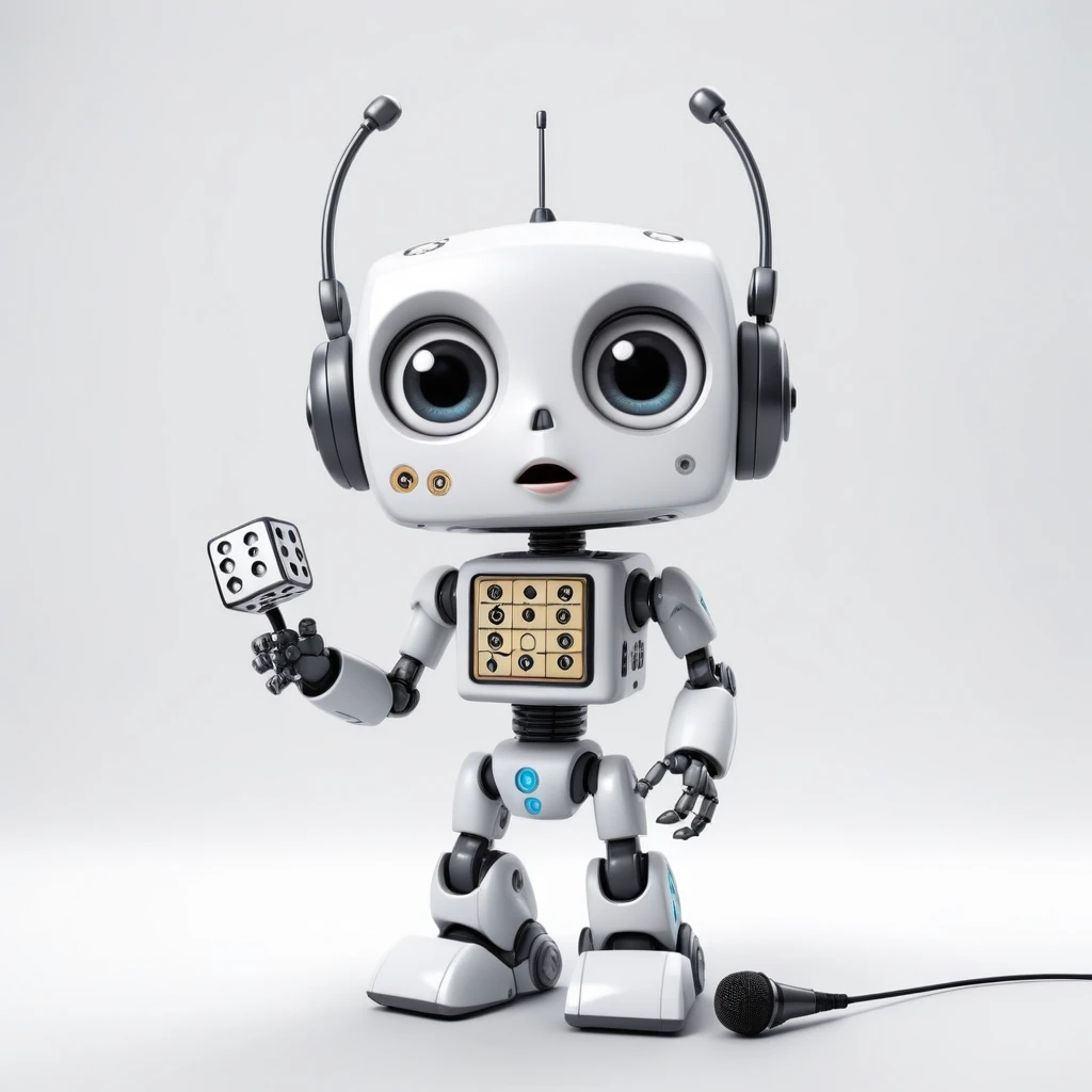 「Lost in the digital world」、A cartoon-style robot with a dice motif,A cute robot、Big eyes closed,antenna,Electronic display panel on chest、Holding the microphone close to your mouth、whole body、Background is white、Mouth closed