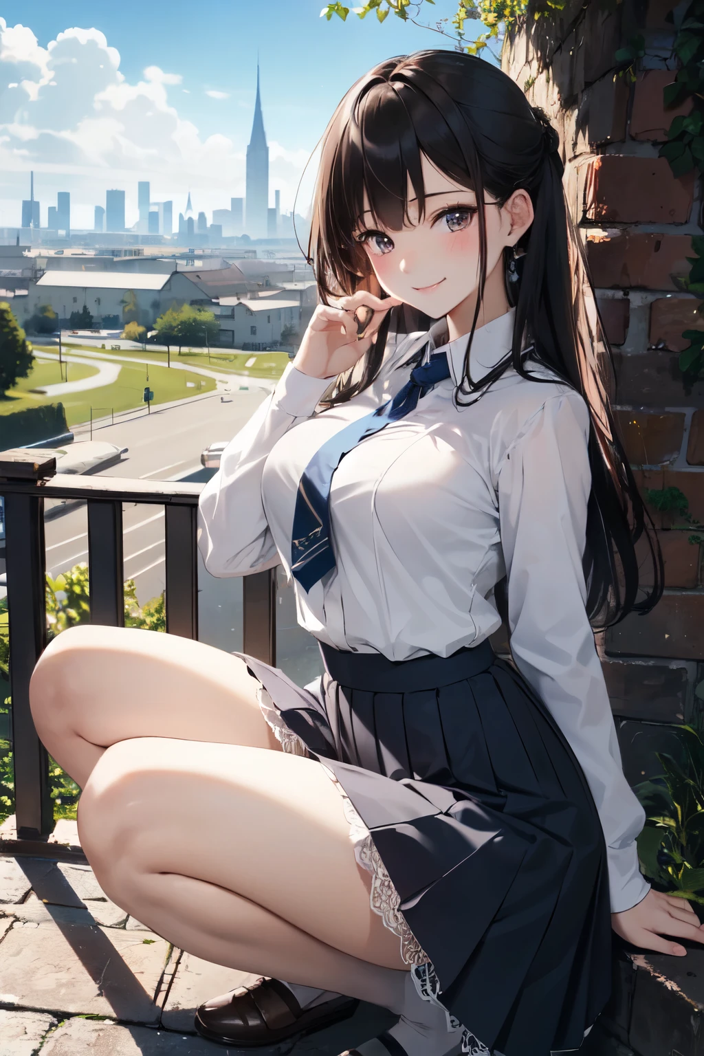 very cute and beautiful girl,(Very detailed美しい顔), (smile),blush,Black Hair,Seraphim,(White Shirt、Pleated navy blue pread your legs),Sitting、(From below),(Lacy white panties), Stairs in the park、Distant Tree々and the city, (Highest quality,masterpiece:1.0),Absurd,High resolution,Super detailed,Very detailed,32k,8K resolution, Intricate details,Movie Scenes,Detailed Background,alone,Dynamic Angle,