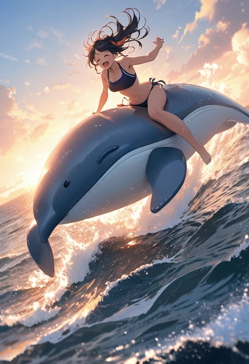 A cute lady wearing a swimsuit jumps in air through the waves while straddling on a whale-shaped float, Looking very happy, like flying, Very detailed, Dynamic action scenes