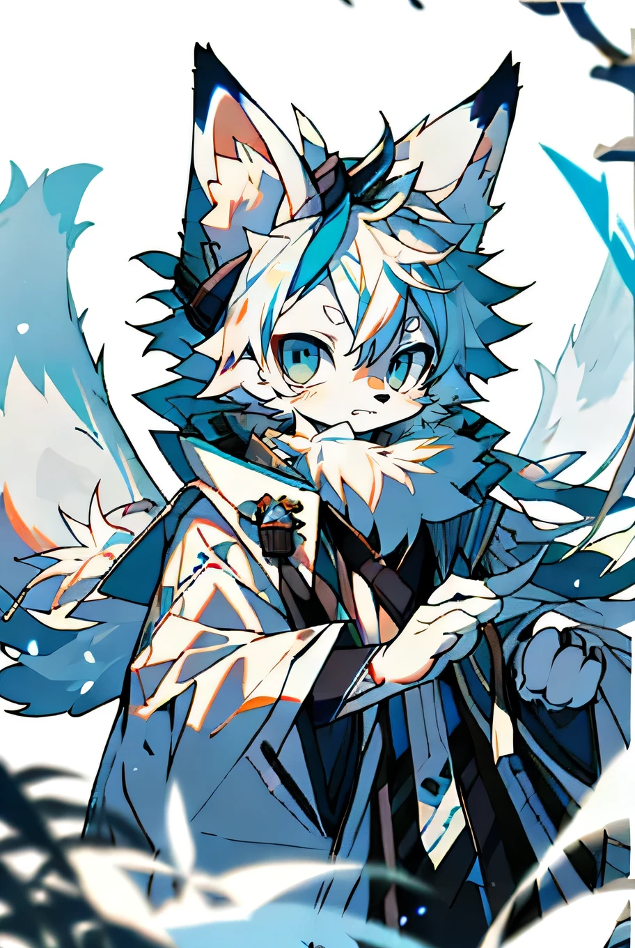 Depth of Field，Perfect lighting，Light Particles，（best quality），（Top quality）（masterpiece），（Extremely detailed），arctic fox，White fur，White ears，concentrated，Sharp eyes，blue eyes，hairy，Common，Japanese clothing，arctic fox，White，hairy，Shirao，Long Tail，White hair，front