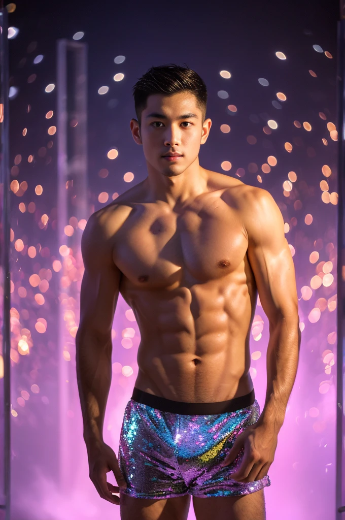 (8k, RAW Photos, Highest quality) masterpiece, 1 ager, 18-year-old, Asian Muscular Man Watching the Viewer, Stand in front, Exposing his huge muscular chest, Puffy nipples, Sexy Six Pack, Tight waist, good looking, topless, Thick body hair, A man wearing thong underwear , Gradient Background, Shine & Sequin Backdrops , Cinema Lighting, Ultra-high resolution