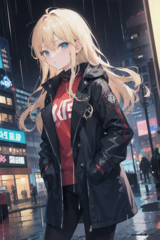 One girl,City of night,rain,coat,Put your hands in your pockets,Beautiful blonde