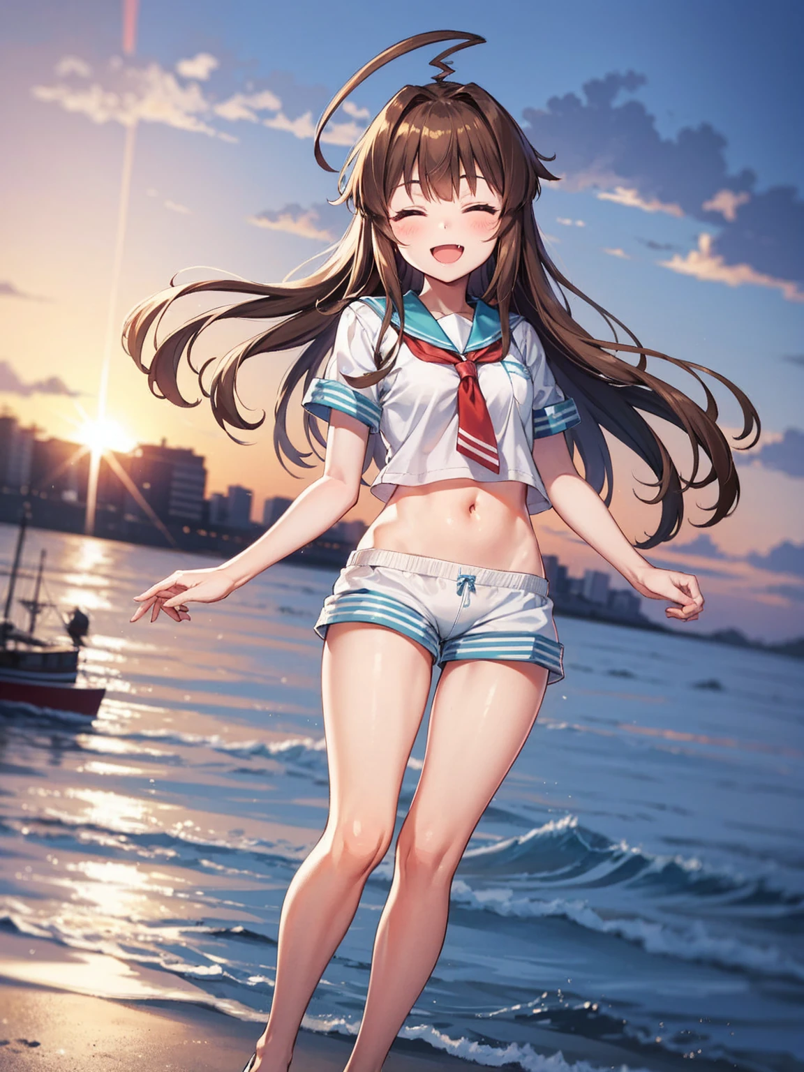 1young_teen_ girl, brown_hair, long_hair, sailor_uniform,white_ baggy_shorts, short_sleeve, thighs, small_breasts, big_smile, open_mouth, fang, harbor_landscape_background, slightly_spread_legs, happiness, covered_crotch,ahoge,XD,exciting_posing,closed_eyes