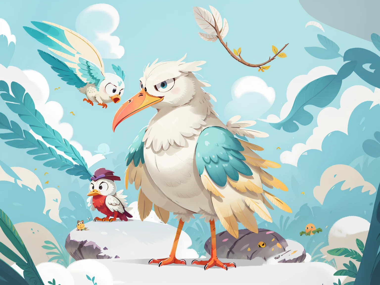 a surreal bird perched on a white surface, surreal bird, anthropomorphic bird, stylized 2D render, stylized 2D, highly detailed colorful low poly art, fantasy duck concept portrait, cgsociety bird, stylized 2D render, 2D render style, 2D illustration