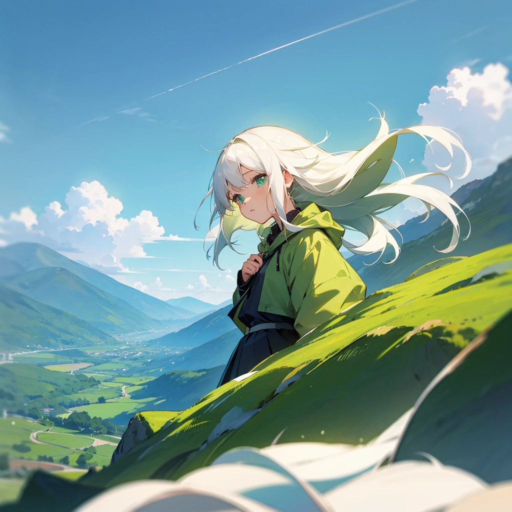 Anime girl, white hair, sky, Green mountains