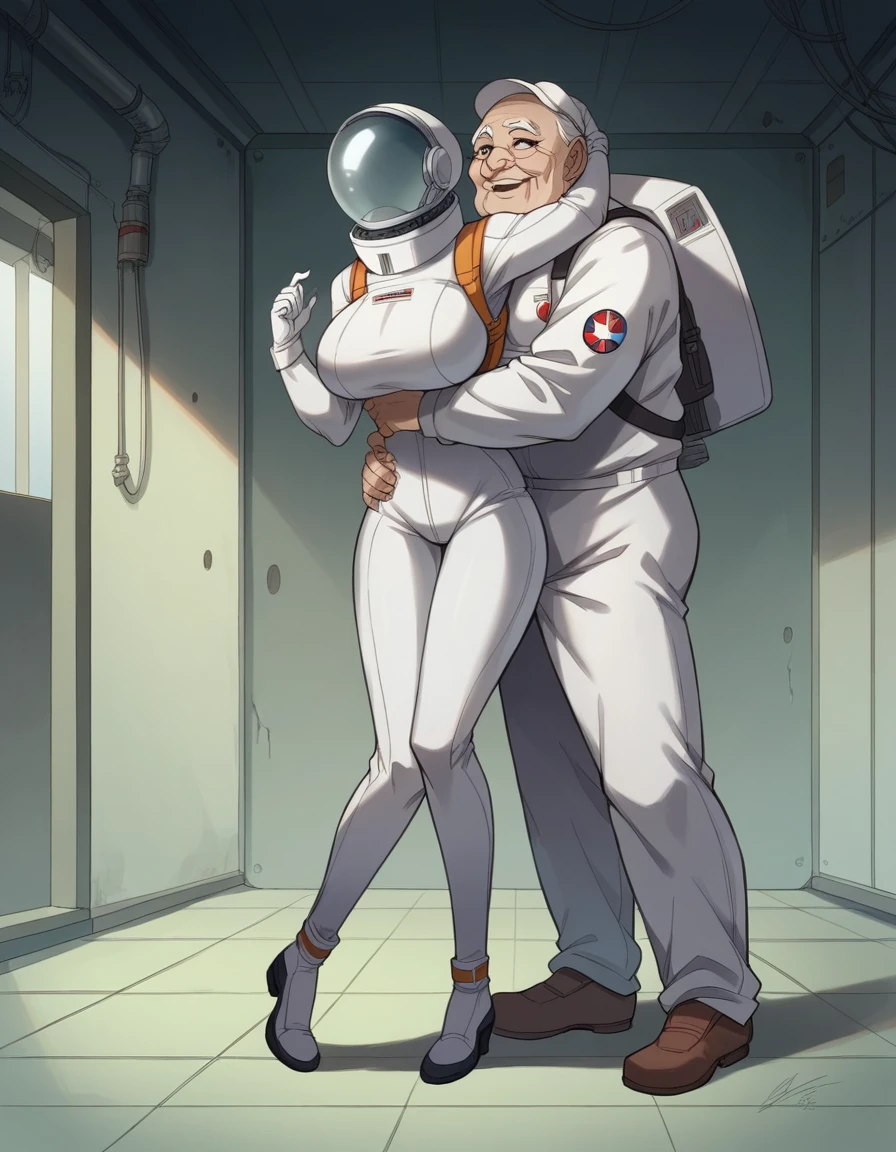 Masterpiece, best quality, Masterpiece, best quality, 1 woman, astronaut suit , wear a hat , big breasts , abdomen , Long legs , Put your hands on your hips... , shoe , 1 man , old man , Dry skin , Waist hug , full body , abandoned factory , at night