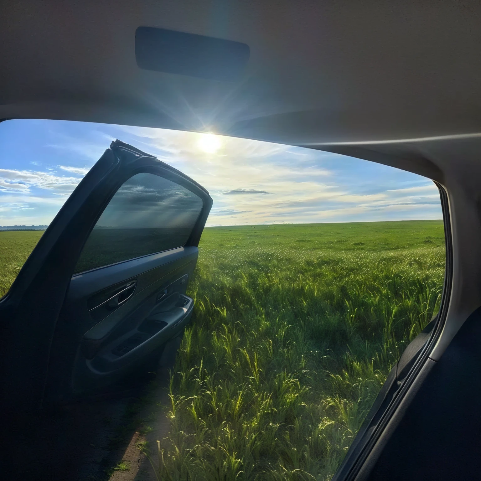 The sun shines through the car window, Sunlight on the car, In the middle of the field, On a large green field, View from the car window, Grass in the background, 90 degree field of view, on the vast wheat fields, Clear sky in the distance, viewed through the cars window, Epic landscape photos
