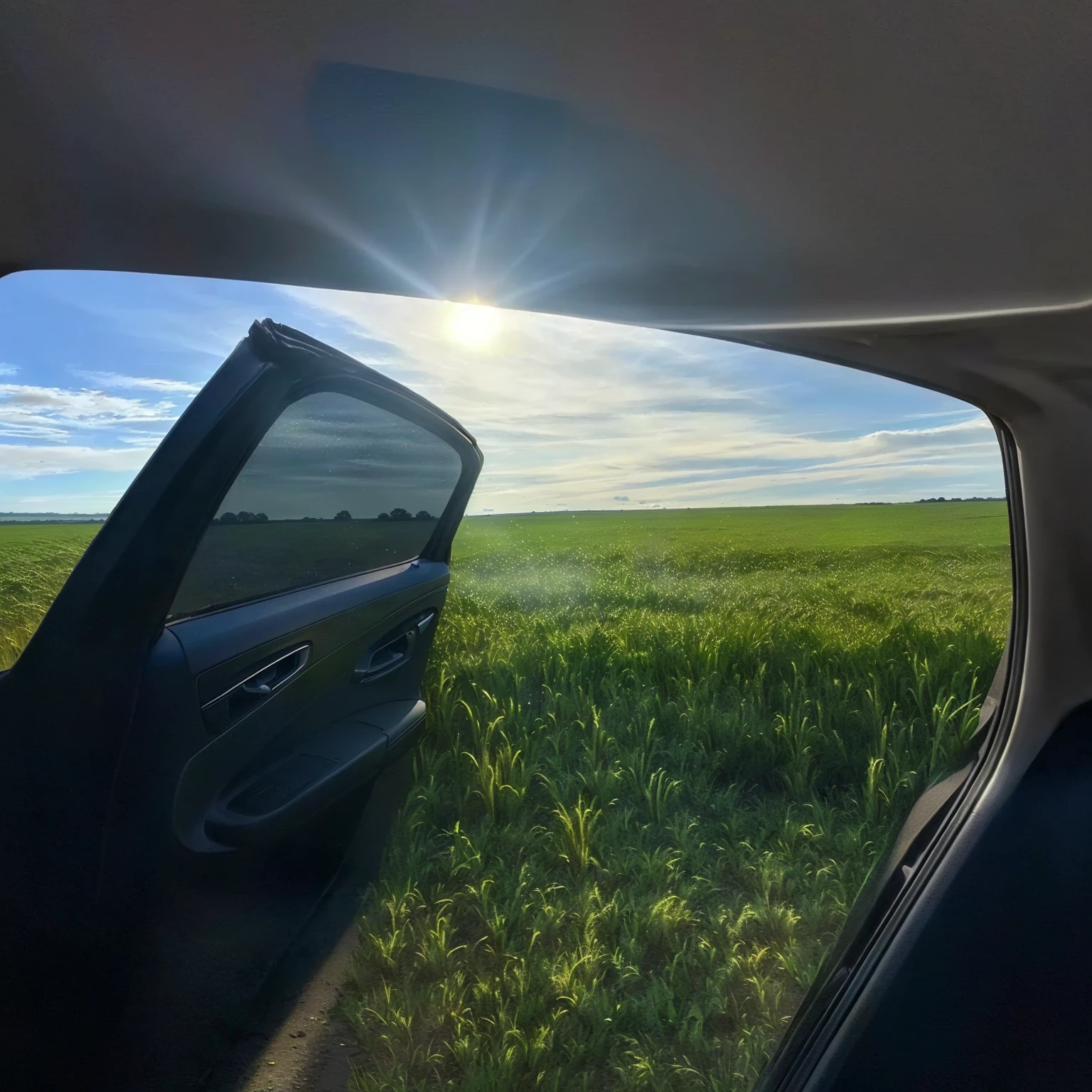 The sun shines through the car window, Sunlight on the car, In the middle of the field, On a large green field, View from the car window, Grass in the background, 90 degree field of view, on the vast wheat fields, Clear sky in the distance, viewed through the cars window, Epic landscape photos