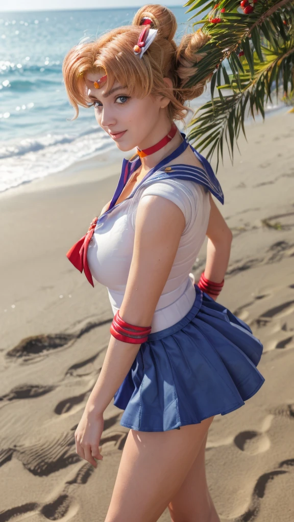 (a realisitic life-like picture of Sailor Moon:1.3), (work of art:1.4), (best qualityer:1.4), (photorealisitic:1.4), (highy detailed), realisitic, ultra detali, 8k, (clear image:1.4), (Perfect focus), (red hair ornaments:1.25), (red ribbon on the chest), (beautiful lips), (smiling), (shoulders pulled back, pushing the breasts:1.4), (female body posture:1.2), (Face pretty:1.1), (girly face), (make up:1.2), perfect facial features, (Caucasian skin:1.3), (bright sunny day), (strong sunshine), lighting sun, clear sky), (hair blonde), (blue skirt:1.4), (looking at the camera), (walking on the beach of a tropical island, tropical lagoon and smaller tropical islands in the background, white sand, mar, ocean), (walking confidently towards the camera from afar:1.2), (Facing the camera), (gazing at viewer)