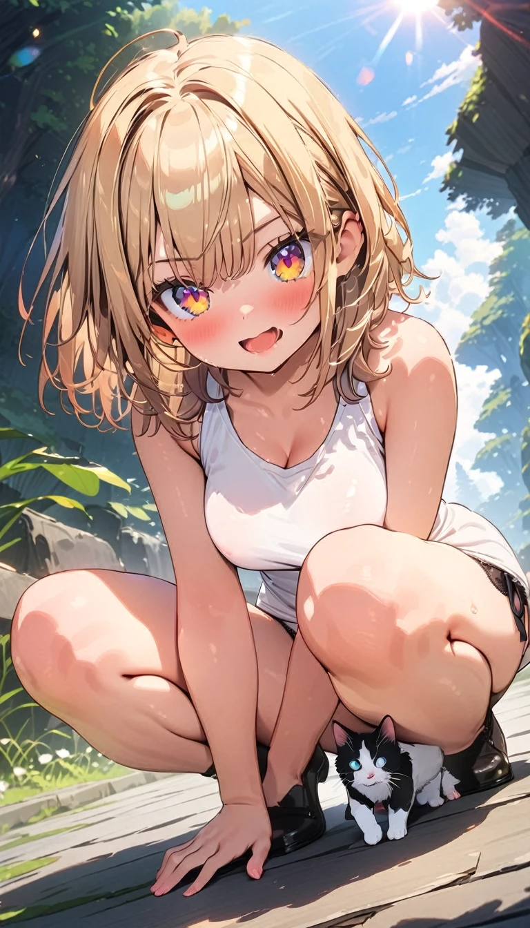 (Best quality, 8k, 32k, Masterpiece, UHD,:1.2),RAW, 1girl,ultra cute , natural lighting,transparent shining eyes, 20yo,medium breast ,fair complexion ,flushed face, dynamic angle, short hair, White sweater, Norwegian Forest Cat at her foot, squatting, Playing with Cat, shiny,From the front, show off panties