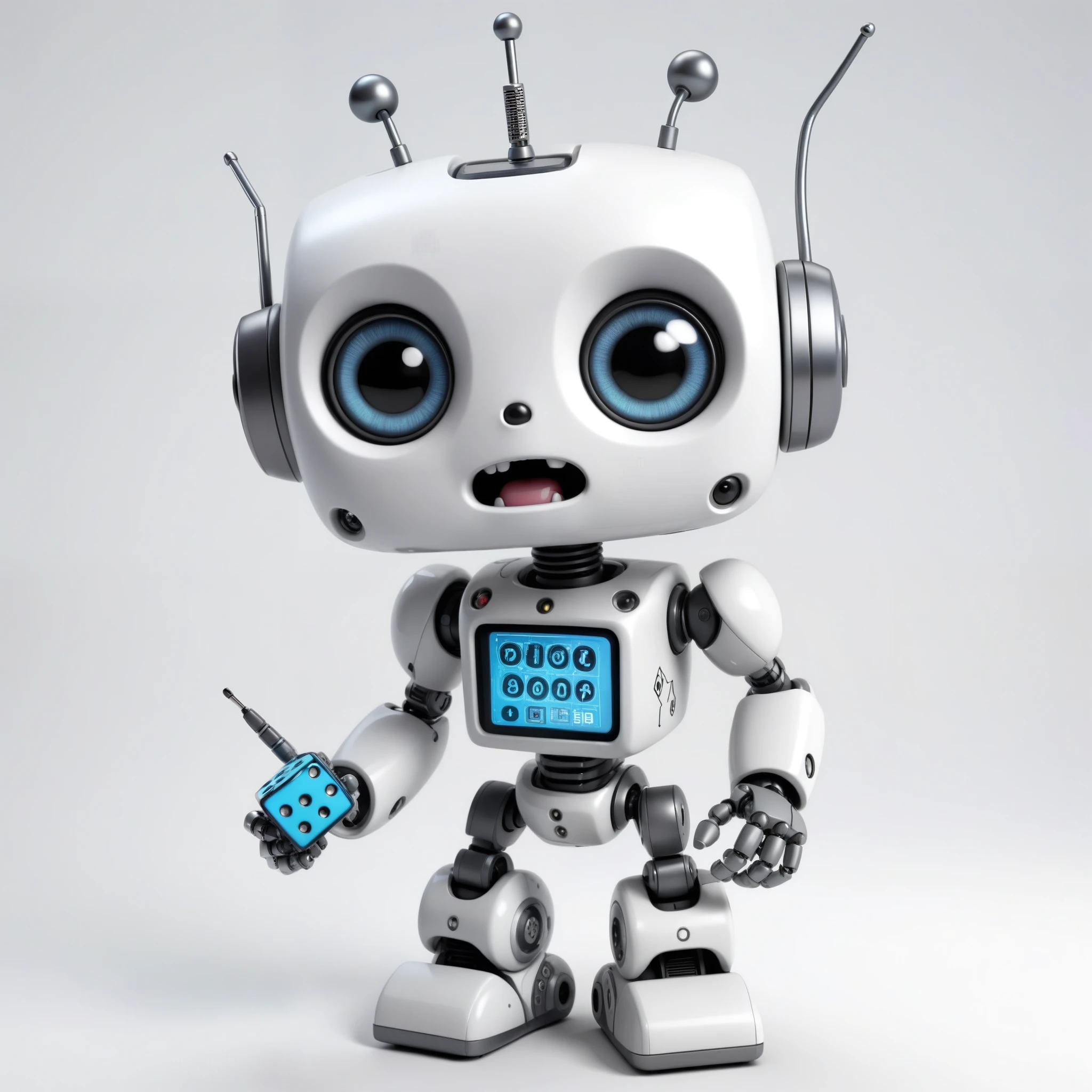 「Lost in the digital world」、A cartoon-style robot with a dice motif,A cute robot、Big eyes,antenna,Electronic display panel on chest、Holding the microphone close to his mouth while speaking、whole body、Background is white、Open your mouth wide