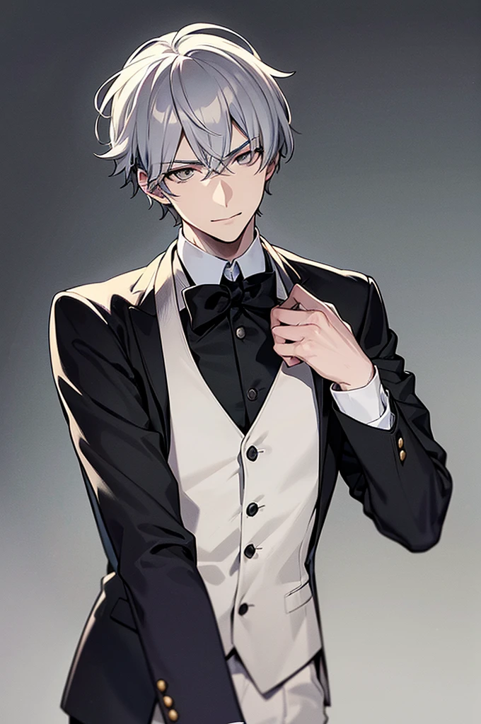 Content: A 3/4 shot of a front-facing young adult man in a butler suit and tie, wearing formal attire. He has white hair, grey eyes, and a confident smirk on his youthful yet mature face. One arm is clenched in a ball against his chest, and the other arm is at his side.
Medium: Digital art, anime illustration.
Lighting: Soft, natural lighting to highlight his features and the details of his suit, creating a balanced and realistic look.
Colours: Greyscale background to make the character stand out. The butler suit is primarily black with white accents.
Composition: A 3/4 shot that focuses on the character’s upper body, captured with a 50mm lens to create a natural perspective. The character is centered in the frame, with enough space around him to highlight his confident pose.