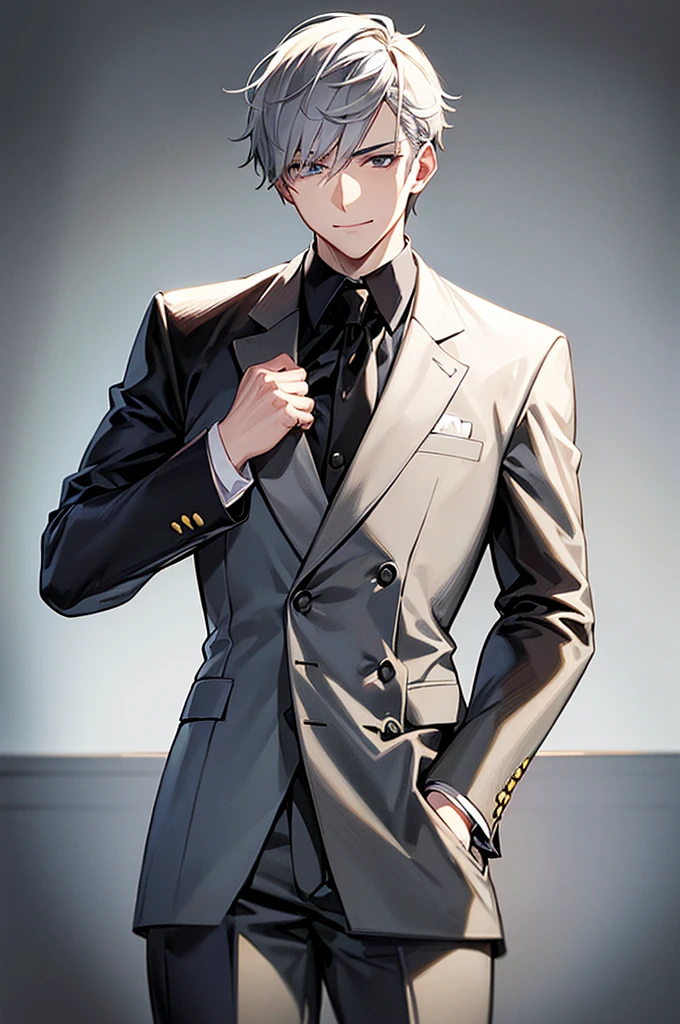 Content: A 3/4 shot of a front-facing young adult man in a butler suit and tie, wearing formal attire. He has white hair, grey eyes, and a confident smirk on his youthful yet mature face. One arm is clenched in a ball against his chest, and the other arm is at his side.
Medium: Digital art, anime illustration.
Lighting: Soft, natural lighting to highlight his features and the details of his suit, creating a balanced and realistic look.
Colours: Greyscale background to make the character stand out. The butler suit is primarily black with white accents.
Composition: A 3/4 shot that focuses on the character’s upper body, captured with a 50mm lens to create a natural perspective. The character is centered in the frame, with enough space around him to highlight his confident pose.
