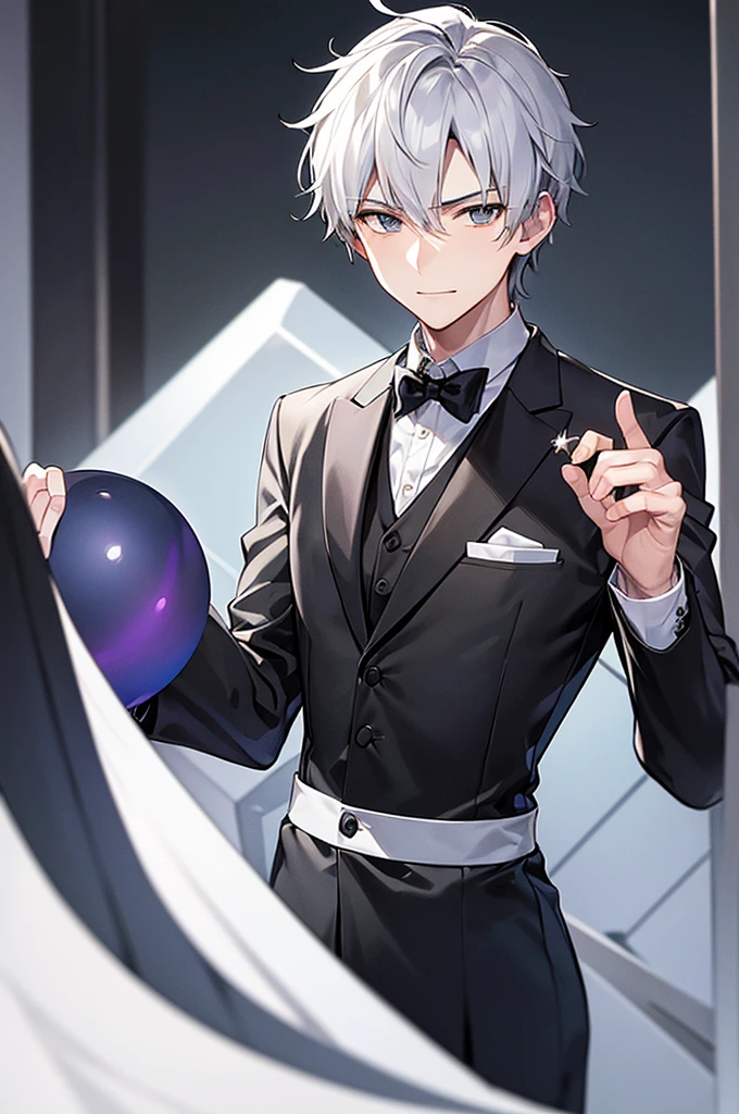 Content: A 3/4 shot of a front-facing young adult man in a butler suit and tie, wearing formal attire. He has white hair, grey eyes, and a confident smirk on his youthful yet mature face. One arm is clenched in a ball against his chest, and the other arm is at his side.
Medium: Digital art, anime illustration.
Lighting: Soft, natural lighting to highlight his features and the details of his suit, creating a balanced and realistic look.
Colours: Greyscale background to make the character stand out. The butler suit is primarily black with white accents.
Composition: A 3/4 shot that focuses on the character’s upper body, captured with a 50mm lens to create a natural perspective. The character is centered in the frame, with enough space around him to highlight his confident pose.