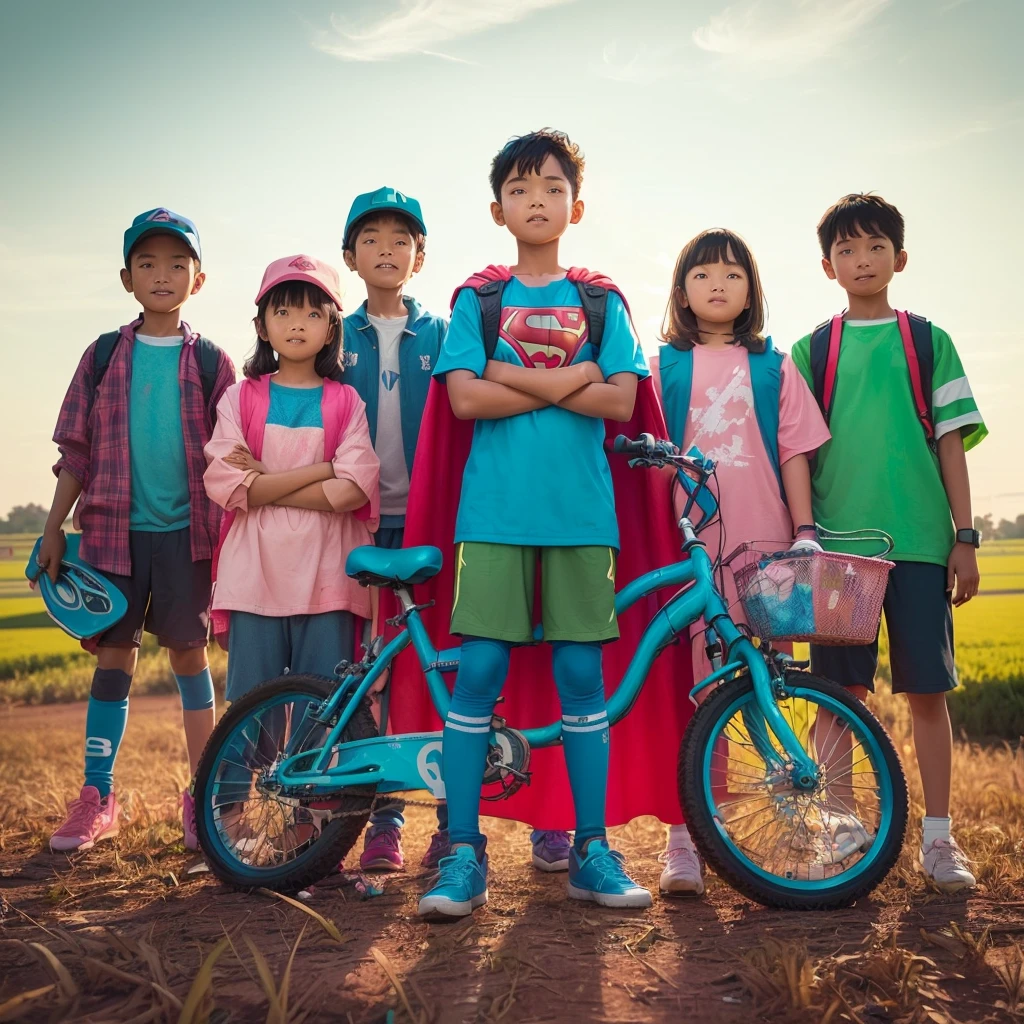 happy group 7 to indonesian kids, wearinasual outfit and sport outfit, bicycle, skateboard, , pink, blue and green color clothes, standing in the middle of field, afternoon light, realistic photography, hd image, superhero pose, low angle shot, dramatic lighting, backlightstill from a live action movie, embrace the superego, live action children's tv sscene from live action movie, portrait shot, superhero, promo image, promotional still, promotional image