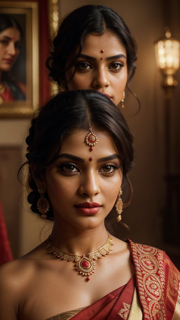 (Highly Detailed, Portrait, Intricate, Attractive Body, Beautiful Eyes, Beautiful Lips, Extremely Detailed Face, Long Eyelashes), ((Full Body Portrait)), Cinematic, Portrait, Dynamic Lighting, Most Beautiful Portrait, Indian Celebrity, (Wearing Traditional Indian Red Sari), Traditional Indian Clothing, Indian Jewelry, Symmetrical Face, Stunning Art, Intense Look, Detailed, Red Lips, Messy Strands of Hair, Detailed Hair, Intense Look, (Best Quality, 4k, 8k, High-Res, Masterpiece: 1.2), Ultra-Detailed, (Realistic, Photorealistic, Photorealistic: 1.37), Vivid Colors, Sharp Focus, Portrait, Studio Lighting, A large golden book on a table in a dark room, (SFW), (Light Skin Tone)