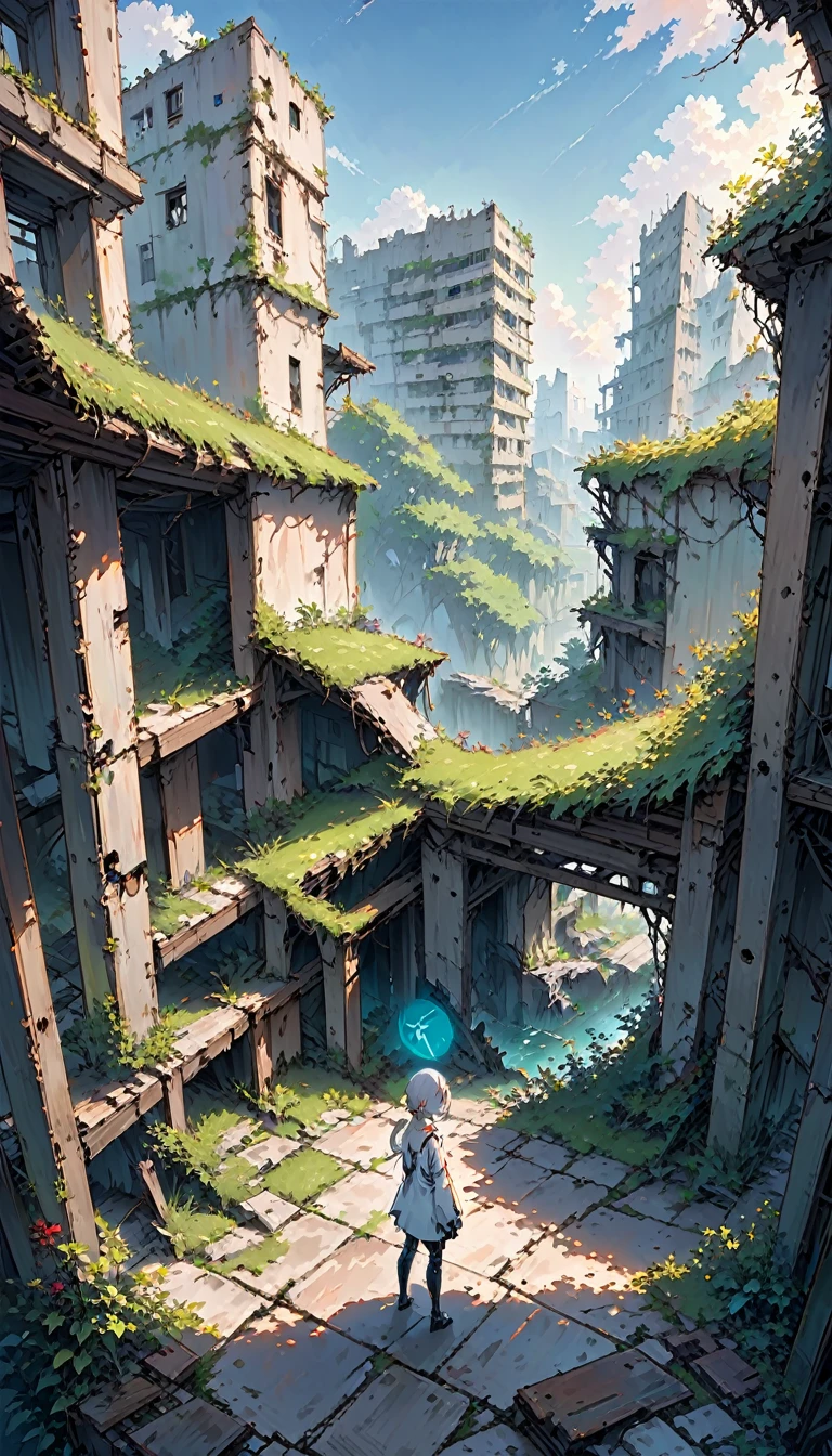 Ruined City,This place collapsed tens of thousands of years ago,Overgrown with vegetation,Collapsed buildings all around,Rusty structure,Silence,A humanoid android seen from behind(girl)Standing quietly,Lonely atmosphere,evening