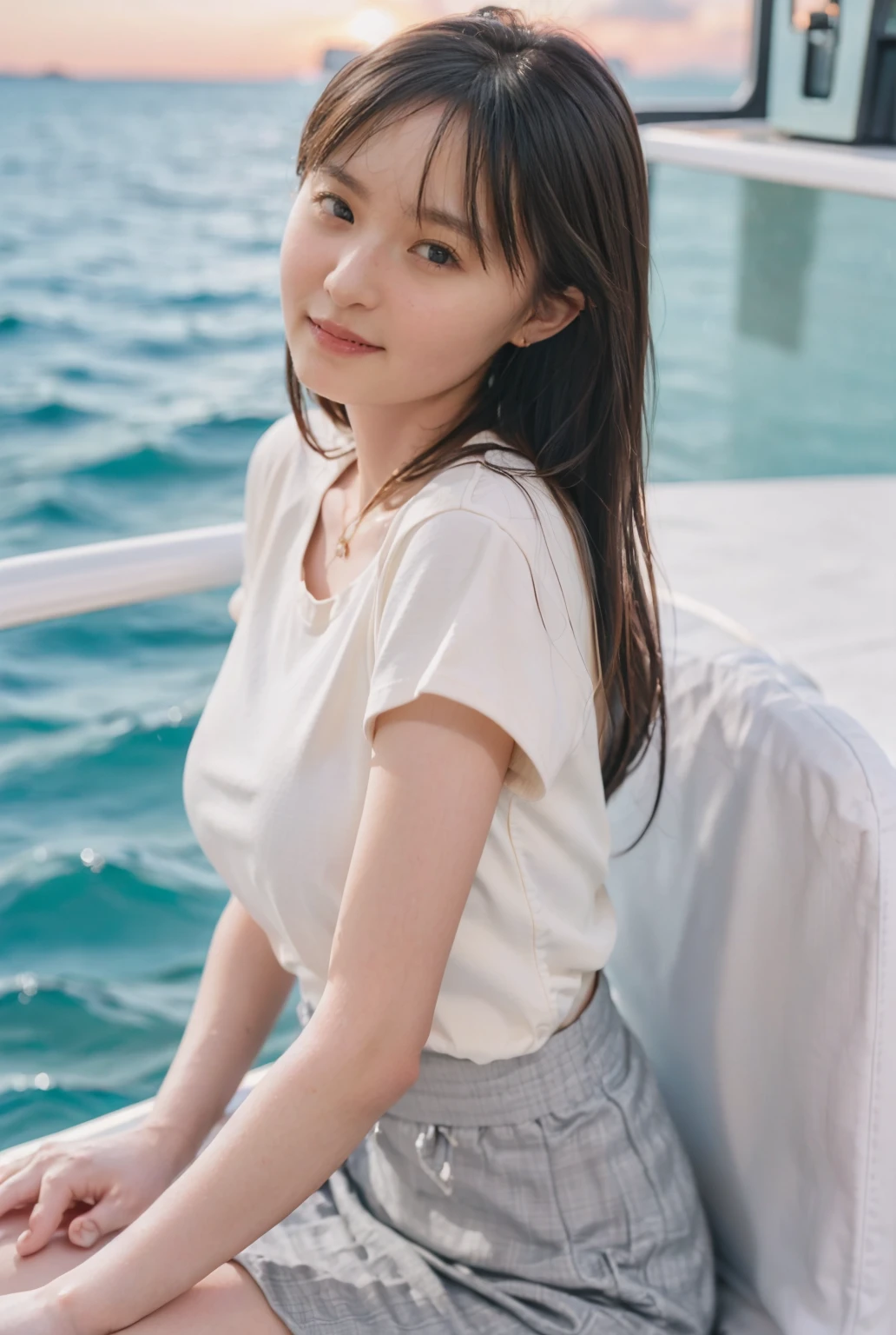 (8k、RAW Photos、Highest quality、masterpiece:1.2)、(Realistic、Realistic)、1 girl、((Big Breastsショートヘア、Looking into the camera:1.4))、Hair blowing in the wind,Blue Eyed Woman、A woman with a cute upward gaze、The sky darkens、The sun goes down、The sky turns red、Tight clothing that shows your body lines、His shirt collar is obscenely open、Gorgeous white collared silk shirt、mini skirt、High quality genuine leather strap、Elegant clothing、Luxury Bags、((Semi-long hair:1.4))、Skyscrapers seen across the sea、Manhattan,An island is visible offshore、Woman on a sightseeing boat、Side Ponytail、The sun shines on her、Sleeveless、Light brown hair、Light brown hair、The sky was dyed red、There are clouds、It's cute、An elegantly dressed woman is sitting on a boat and watching the sunset、Her huge breasts are obvious even through her clothes....、輝く太陽はとてもbeautiful、Dusk is approaching、Lens flare、I can see the sun setting、((Sunlight reflecting off the ocean、Ocean View、The sun shines on the ocean、beautiful.、Small earrings、evening、bird、Brown Hair Color、Tying up hair、The woman is on the right:1.4))、Luxury Leather Belts、Shiny clothes、Light beige hair color、Background Blur、Braid only the front hair、Light brown hair、{{Cowgirl Shot}}、((Close-up shot from the waist up、Big Breasts:1.4))、Big Breasts、にっこりsmile、Silk clothing、らでも分かるBig Breasts、Braid only the front hair、Cowboy Shot、Gorgeous white collared silk shirtと茶色のスカート、Elegant clothingを、Luxury Bags、なsmile、((Airplane in the background、I'Coming to the airport))、Full body photo、ring、Short skirt、Tuck your hair behind one ear、Silver Necklace、smile、 Elegant ponytail、Caustics、Highly detailed photos、Very beautiful and ideal、Big Breasts、Super no makeup、
