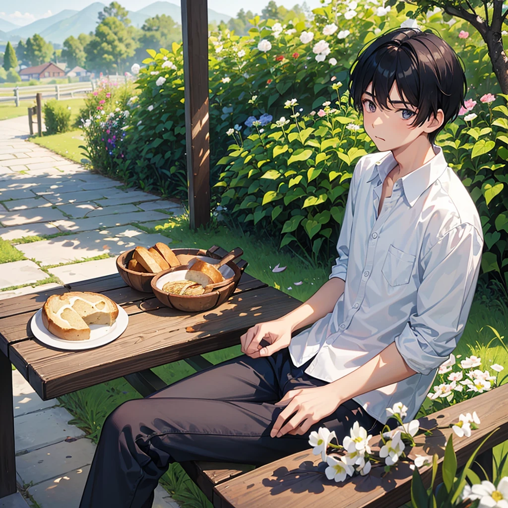 18 year old boy, slim black haired, smooth and very short, going to the back of your neck, typical asian, bowl hair. Big, dark, wide eyes. Your face is full and slightly round. The boy is in a relaxed pose sitting on a bench with a surprised expression. He is holding a piece of bread that has a bitten off slice. He is chewing a slice of bread. Background, a typical countryside landscape that is a little blurred, since the attention is on him. He was caught off guard by the camera, so your cheeks are a little flushed. He wears a dark short that goes up to his knees and a white blouse.