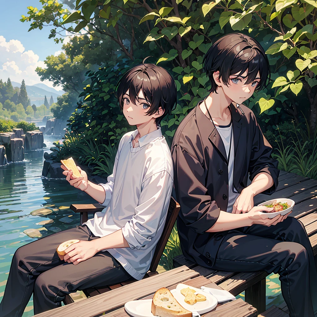 18 year old boy, slim black haired, smooth and very short, going to the back of your neck, typical asian, bowl hair. Big, dark, wide eyes. Your face is full and slightly round. The boy is in a relaxed pose sitting on a bench with a surprised expression. He is holding a piece of bread that has a bitten off slice. He is chewing a slice of bread. Background, a typical countryside landscape that is a little blurred, since the attention is on him. He was caught off guard by the camera, so your cheeks are a little flushed. He wears a dark short that goes up to his knees and a white blouse.