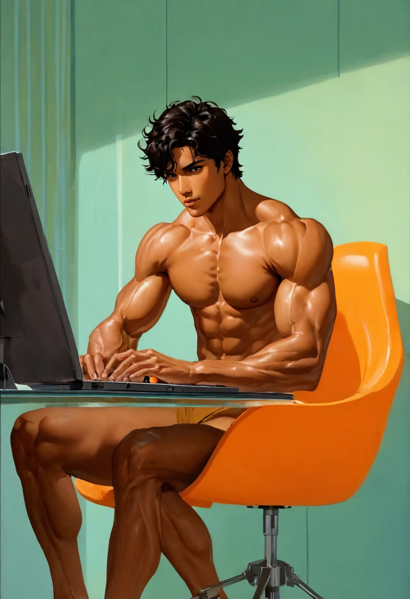 ((1 latino man sitting at a desk typing on an orange laptop in a high-chroma orange art deco office)) by Aaron Horkey and Jeremy Mann, masterpiece, best quality, Photorealistic, ultra-high resolution, photographic light, illustration by MSchiffer, fairytale, Hyper detailed View full body,: ((wide angle shot, view from aside)) Material: anime illustration Style: Anime+yaoi+hentai+roberto_ferri+leng_jun Compsition: rule of thirds, the composition of shadows and lights give an atmosphere of spaciousness, Color: gren autochrome dark intense colors palette Lighiting: natural lighting Gender Age: A young man, 19 years old Race: latino dark skin, Face: oval face, roman nose, thin lips, hard chin, large brown eyes, short black wavy hair, Body: cinamoon skin, hairy body, realistic skin, gorgeous, detailed tonned muscles, barefoot, perfect anatomy, muscled fitness body, aesthetic slim athletic body, perfect anatomy, , energetic splendid, slim and detailed muscles Action: he is sitting at a desk typing on an orange laptop in a high-chroma orange art deco office Wearing: He is wearing shirtless, pantless, fullbody, wearing sandals Background: auto high-chroma orange art deco office, with large windows to see the stormy night, drops of water on the windows glass Complements: best quality, Photorealistic, ultra-high resolution, photographic light, Hyper detailed A mixture of photography and painting, simetryc Composition, Perfect Divine Proportione, 8k resolution