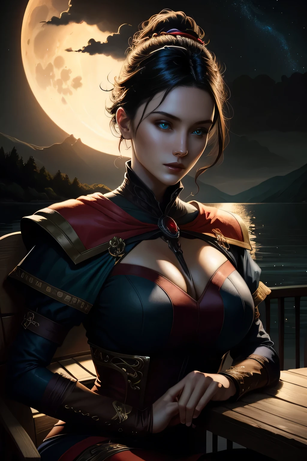 Rennala - Elden Ring, short black hair, blue eyes, sitting at a table, ig model | artgerm, extremely detailed artgerm, hyperrealistic fantasy art, artwork in the style of guweiz, artgerm and wlop, wlop and artgerm, alena aenami and artgerm, artgerm. anime illustration, dark moody atmosphere, moon in the background, outside, nighttime, stars, lake view
