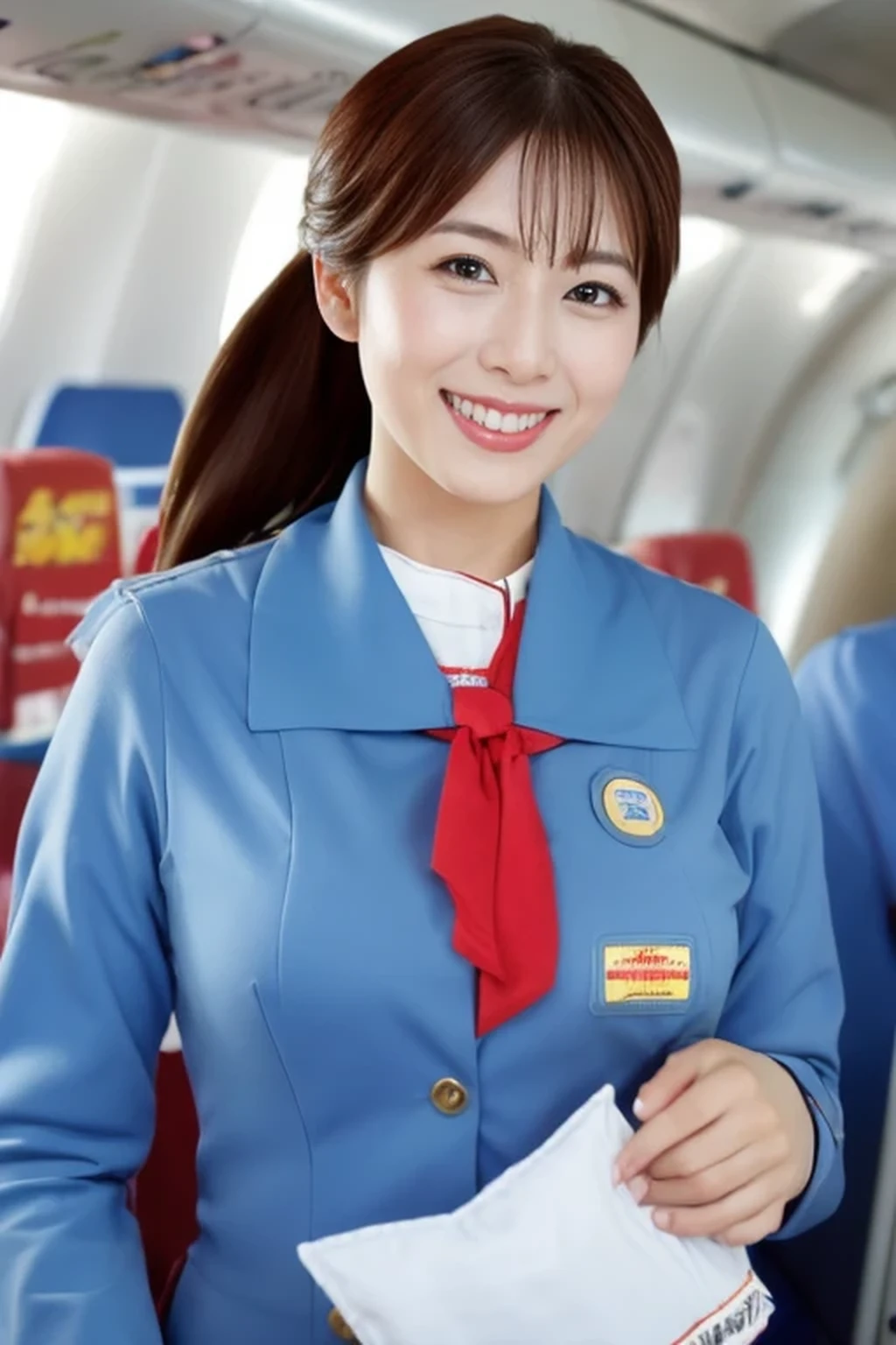 best quality, masterpiece, beautiful Japanese woman,( ((stewardess))), ((inside an airplane)), smiling, huge breasts