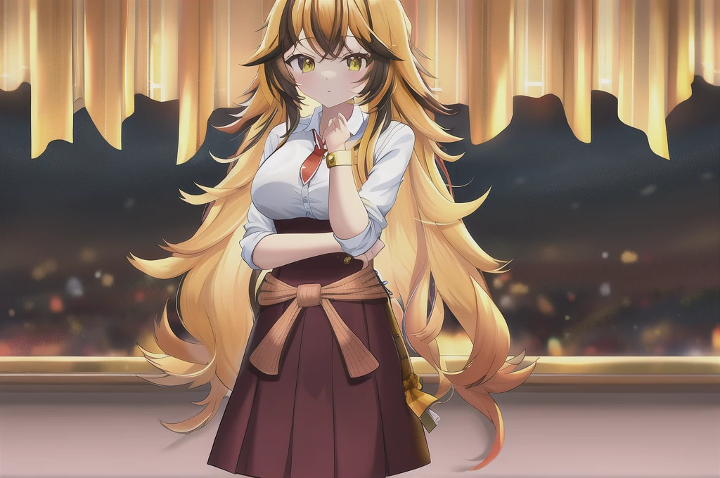 The upper part of the hair is dark brown，The lower part is golden yellow,High school girl with hair hanging down to her waist，cartoon