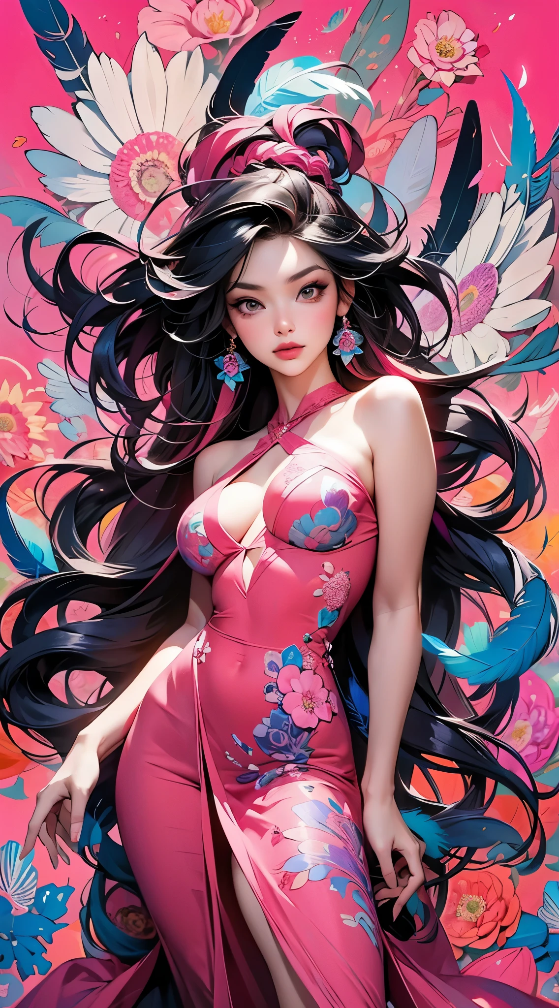 erjie, girl in a fluid and dynamic pose, wearing a loose, flowing pink dress, mysterious expression, curly black and pink hair, [Zhang Ziyi|Aishwarya Rai], in a modern and abstract setting, with bold and colorful abstract art, blurred background, bright lighting, official art, unity 8k wallpaper, (zentangle, mandala, tangle, entangle), intricate clothes,zhongfenghua (full body,from everywhere,masterpiece, top quality, best quality, official art, beautiful and aesthetic:1.2), extremely detailed,(fractal art:1.1),(colorful:1.1)(flowers:1.3),highest detailed,(zentangle:1.2), (dynamic pose), (abstract background:1.3), (shiny skin), (many colors:1.4), (feathers:1.5), dynamic angle, the most beautiful form of chaos, elegant, a brutalist designed, vivid colours, romanticism,