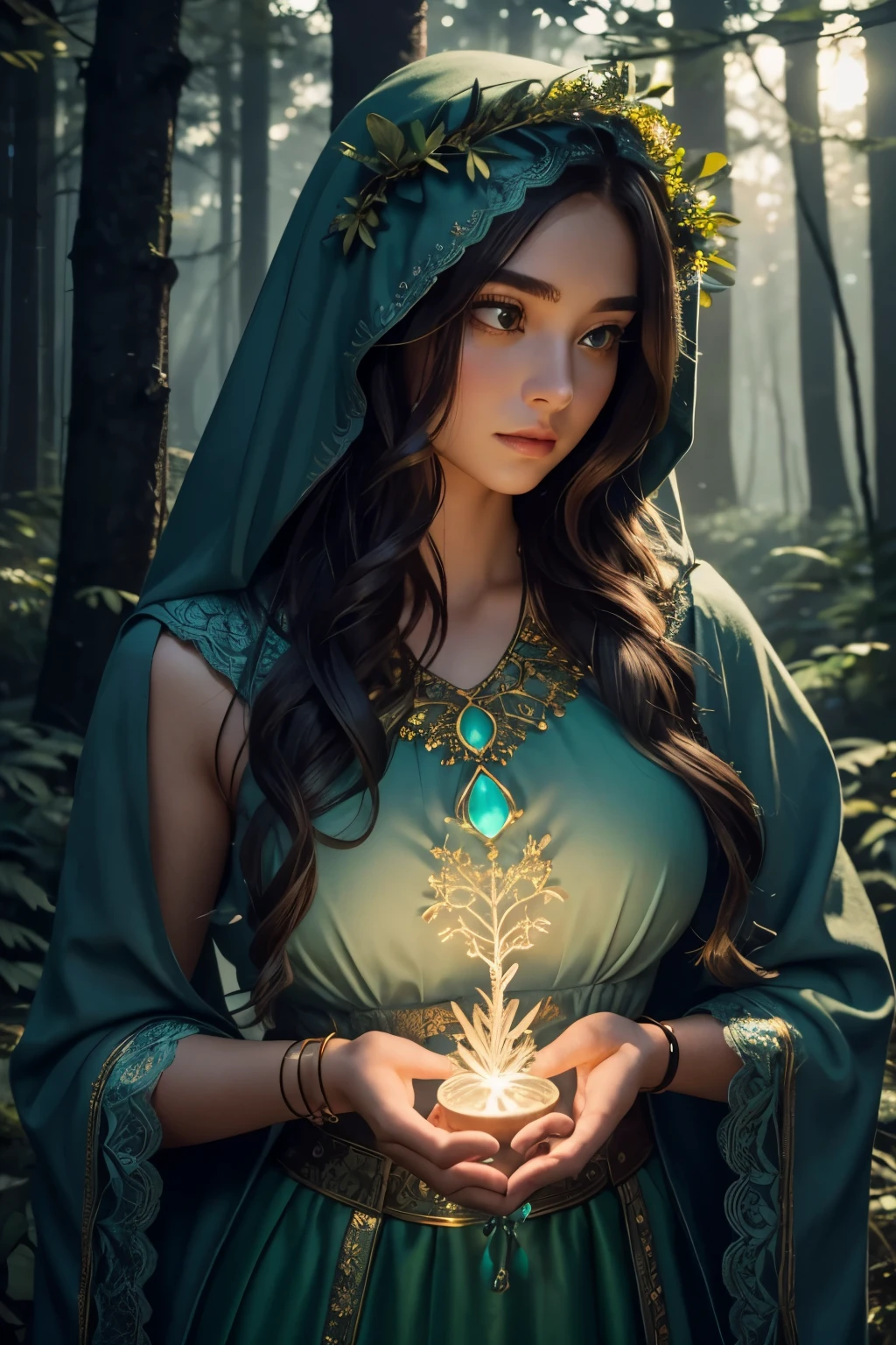 Perfect lens，Intricate details，Soft Light，Detailed night forest background，Real forest，Glowing plants，firefly，Real flowers，Real animals，Empty meadows，Fiery sun，Intricate lace skirt，Perfect face，Real face，colorful wreath，Blush，Beauty，Hair is blown by the wind，Blue glowing bright eyes，Three-dimensional facial features，Large Breasts，Fair skin，Blue Jade Bracelet，Glowing Emerald Necklace，Strong light and shadow，Perfect body proportions，Holding a black antler staff with both hands, it emits a mysterious green glow