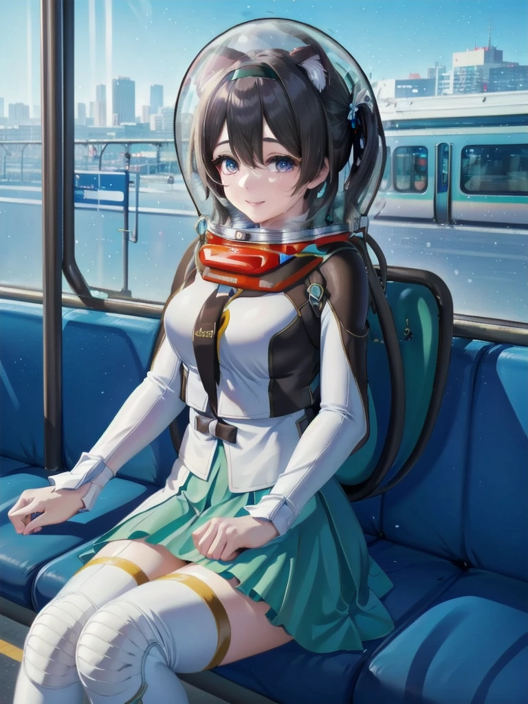 space helmet, {{{{8K,concept art: 2.0, clarity, best quality, absurd, perfect anatomy, highly detailed CG, official artwork}}}}, (cinematic scene, front view) (((1 beautiful girl aged 30 years old is an angel, hair over one eye, r1,5, sitting on a chair, train interior, train seat, sleeping, at night day)), dynamic angle, wide shot, (on Commuter Train, solo: 1.2, high detail: 1.2, at night: 1.5, e235, train interior, city view, night view: 1.5), (in blue archive style : 1.5, clear: 1.3, pink theme) space helmet, eva helmet, space suit, astronaut), bubble helmet smile, very detailed,pace helmet, bubble helmet, CAT EARS, bubble helmet, ,hair ornament,black hairband, blue eyes, long sleeves, green skirt,green thighhighs,, smile, t pose