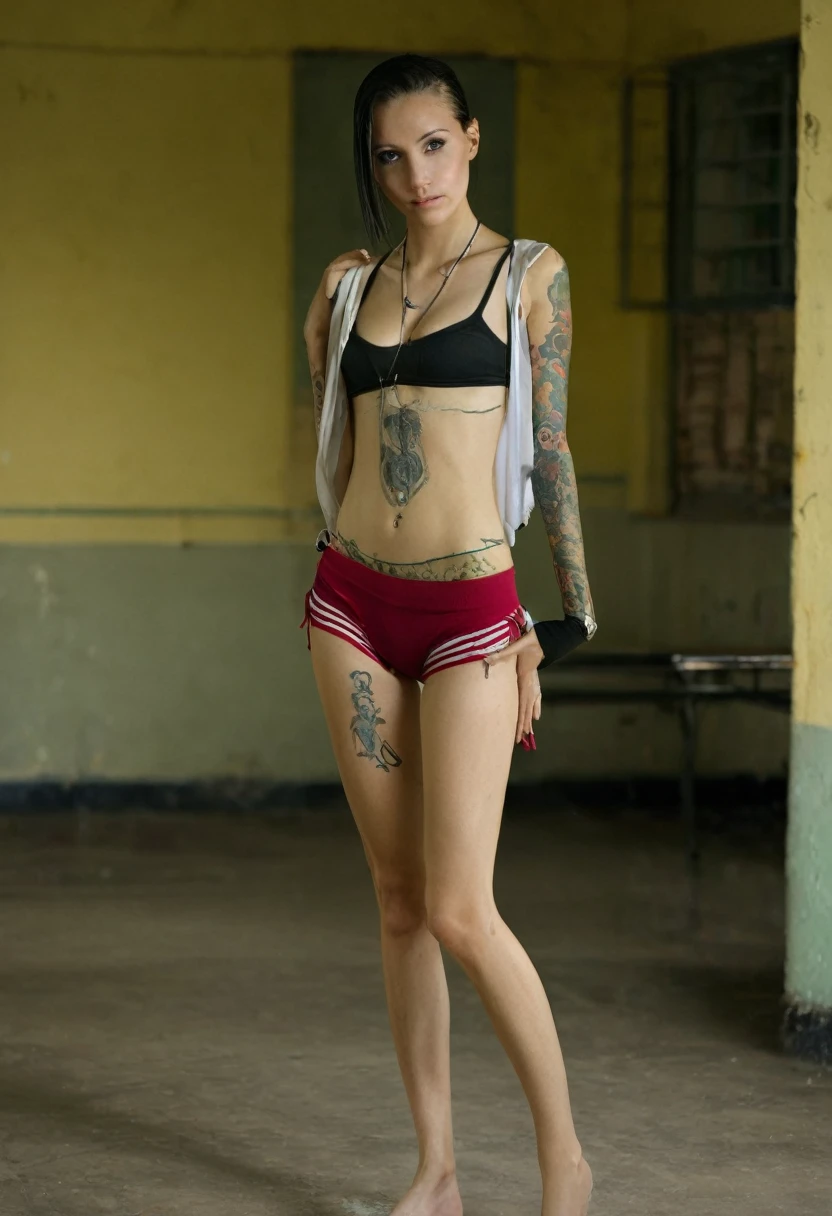 a woman, very thin body, body visible bones, very slender, sweaty weat body, panties, bra,tatto, full body, in a school , 