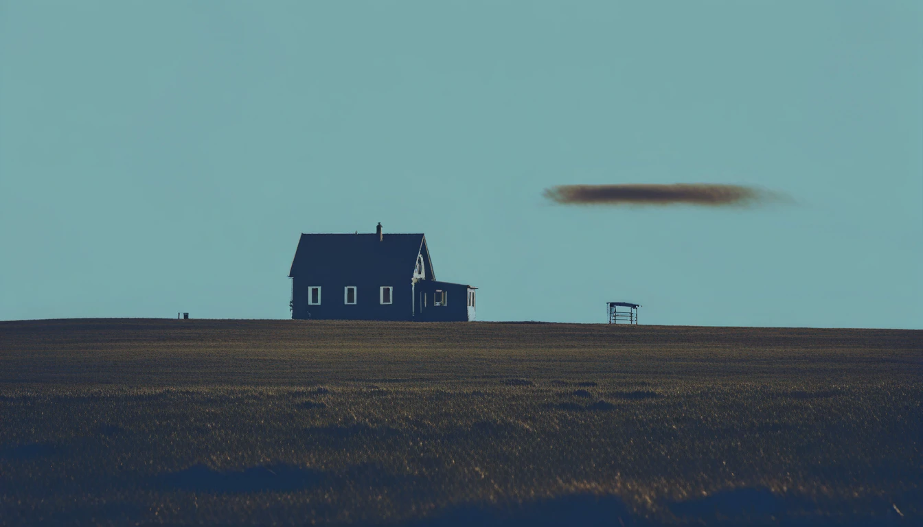 Noise，Low saturation，dreamcore,dark shadow,a house on a grassland,blue sky,Y2K,lo-fi