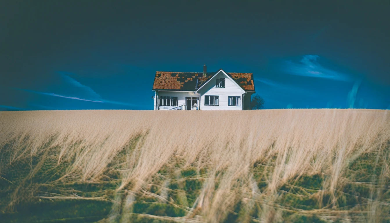 Noise,Low saturation,dreamcore,dark shadow,a house on a grassland,blue sky,Y2K,lo-fi