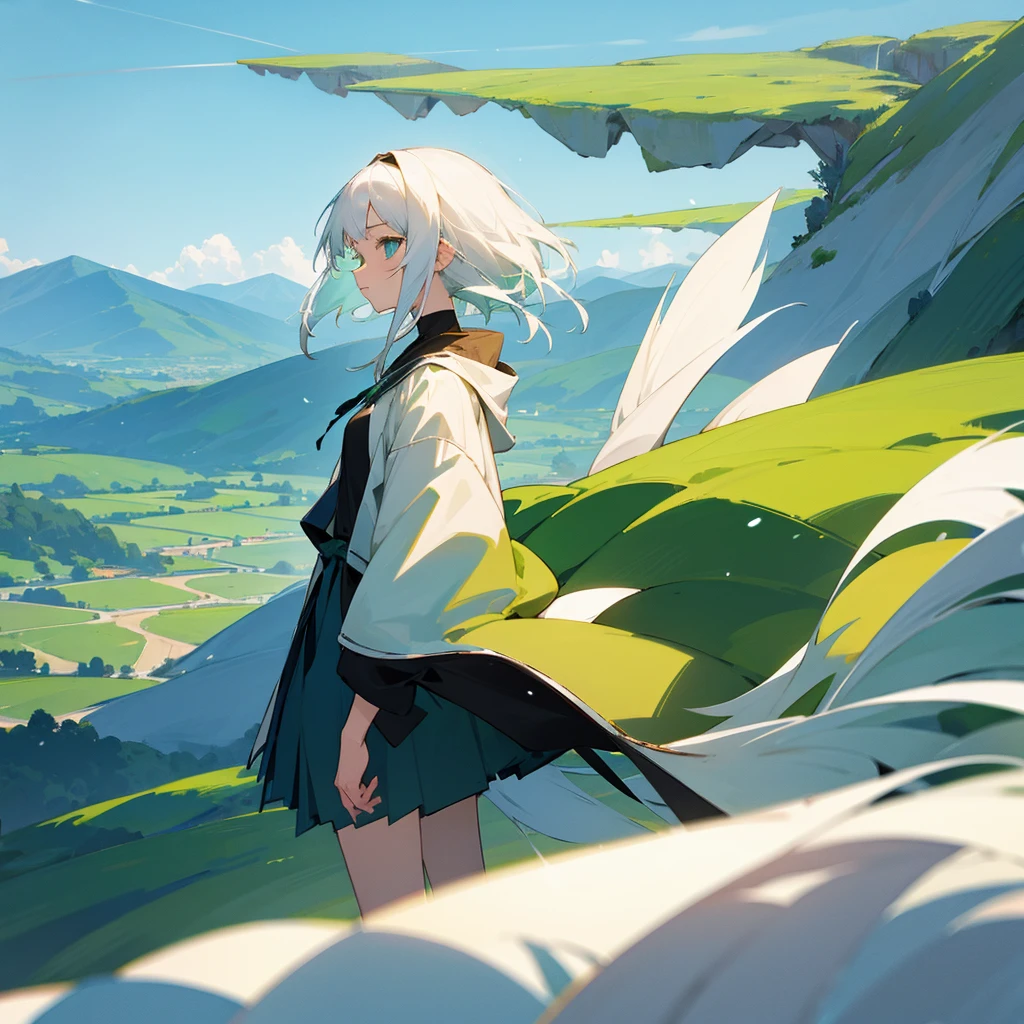 Anime girl, white hair, sky, Green mountains