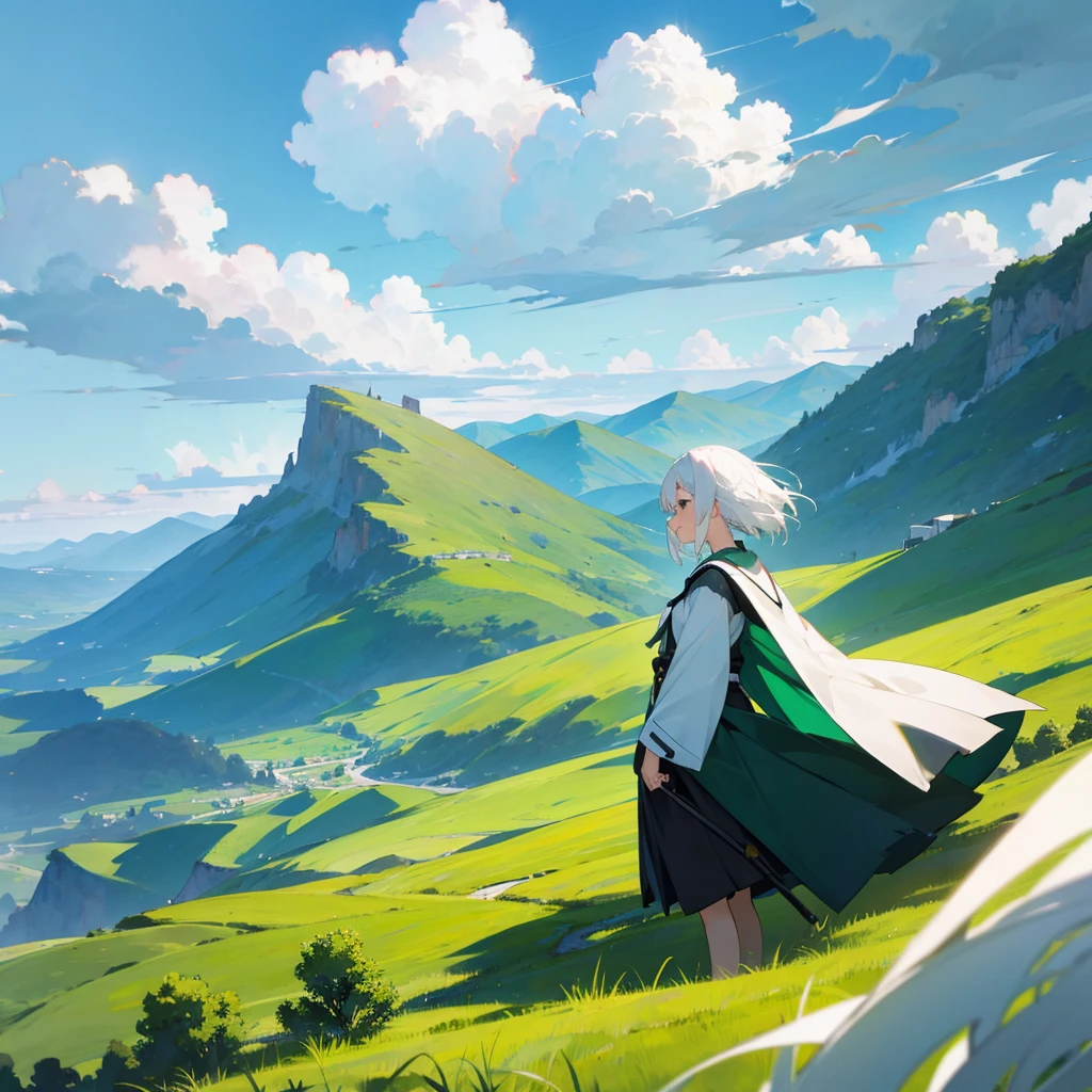 Anime girl, white hair, sky, Green mountains