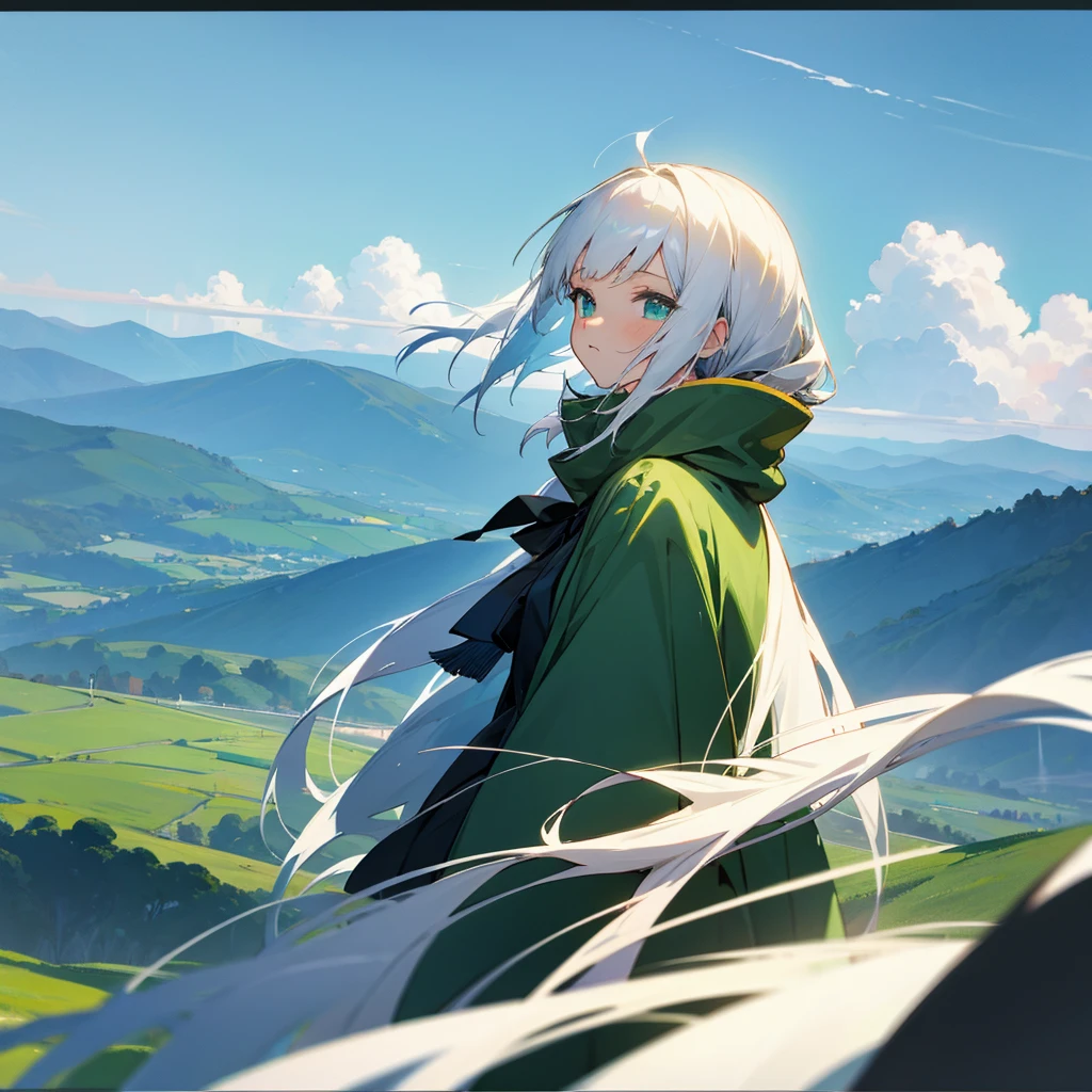 Anime girl, white hair, sky, Green mountains