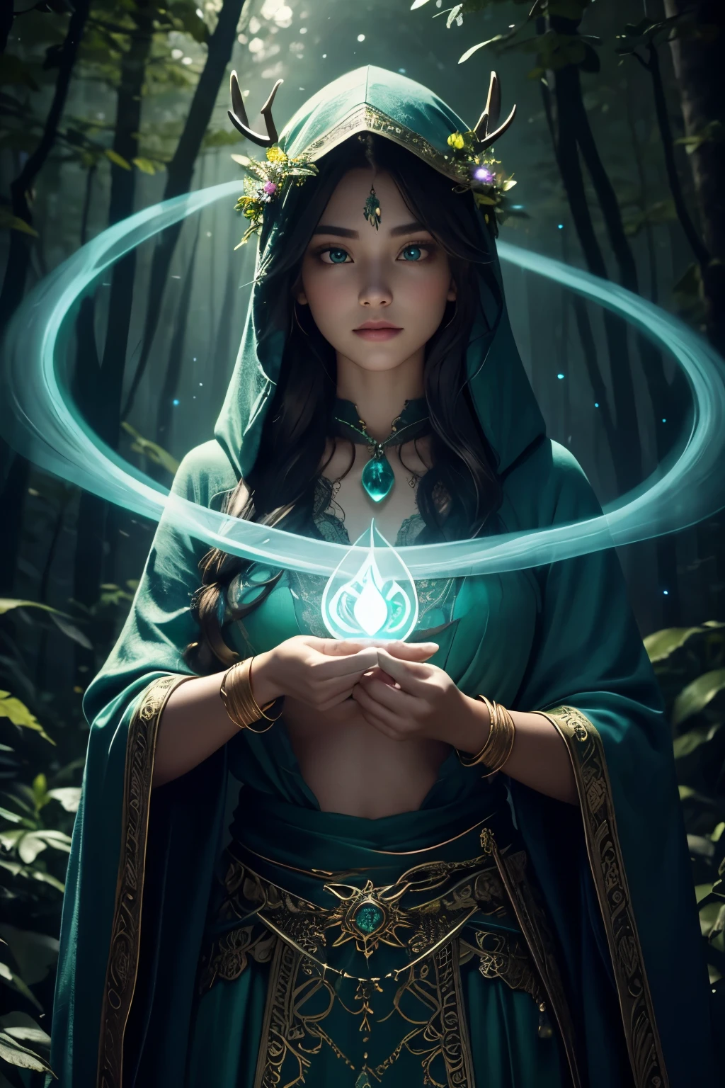 Perfect lens，Intricate details，Soft Light，Detailed night forest background，Real forest，Glowing plants，firefly，Real flowers，Real animals，Empty meadows，Fiery sun，Intricate lace skirt，Wizard Hood，Perfect face，Real face，colorful wreath，Blush，Beauty，Hair is blown by the wind，Blue glowing bright eyes，Three-dimensional facial features，Large Breasts，Fair skin，Blue Jade Bracelet，Glowing Emerald Necklace，Strong light and shadow，Perfect body proportions，Holding a black antler staff with both hands, it emits a mysterious green glow