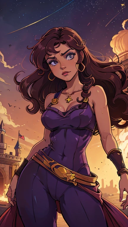 (Dominican: Caribbean:1girl:megara,Superhero), (extremely detailed CG unit 8k wallpaper),(master part), (best quality), (ultra detali), (best illustration),(melhor ombre), cowboy shot, (Sharp eyeliner, ombre, detailedeyes:1), Disney Castle background, ,break , (star15escola:1.2), hair ornament,long hair , dark auburn hair, Cameltoe
