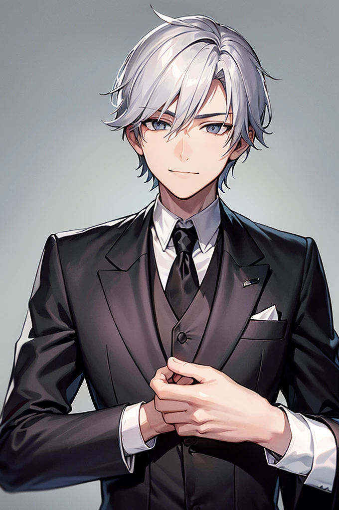 Content: A 3/4 shot of a front-facing young adult man in a butler suit and tie, wearing formal attire. He has white hair, grey eyes, and a confident smirk on his youthful yet mature face. One arm is clenched in a ball against his chest, and the other arm is at his side.

Medium: Digital art, anime illustration.

Lighting: Soft, natural lighting to highlight his features and the details of his suit, creating a balanced and realistic look.

Colours: Greyscale background to make the character stand out. The butler suit is primarily black with white accents.

Composition: A 3/4 shot that focuses on the character’s upper body, captured with a 50mm lens to create a natural perspective. The character is centered in the frame, with enough space around him to highlight his confident pose.