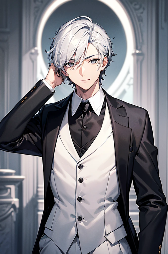 Content: A 3/4 shot of a front-facing young adult man in a butler suit and tie, wearing formal attire. He has white hair, grey eyes, and a confident smirk on his youthful yet mature face. One arm is clenched in a ball against his chest, and the other arm is at his side.
Medium: Digital art, anime illustration.
Lighting: Soft, natural lighting to highlight his features and the details of his suit, creating a balanced and realistic look.
Colours: Greyscale background to make the character stand out. The butler suit is primarily black with white accents.
Composition: A 3/4 shot that focuses on the character’s upper body, captured with a 50mm lens to create a natural perspective. The character is centered in the frame, with enough space around him to highlight his confident pose.