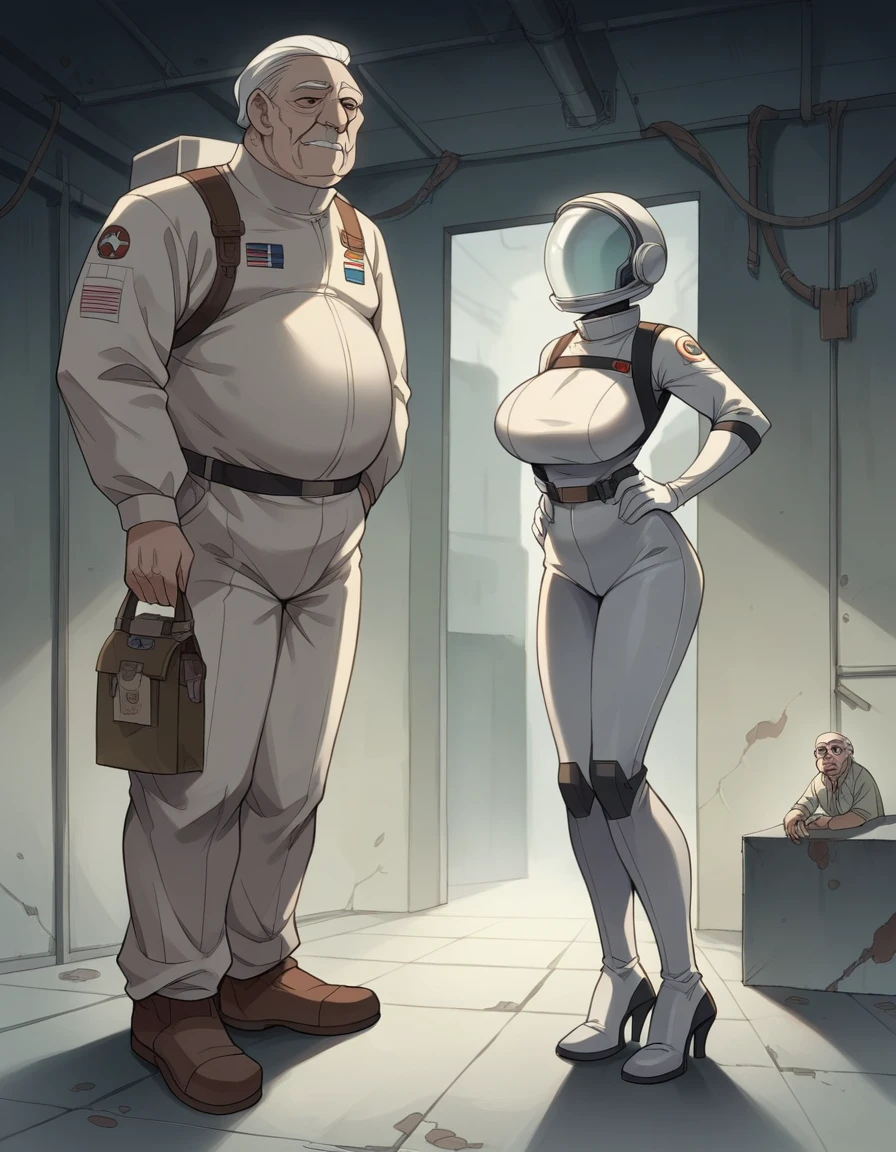 Masterpiece, best quality, Masterpiece, best quality, 1 woman, astronaut suit , wear a hat , big breasts , abdomen , Long legs , Put your hands on your hips... , shoe , 1 man , old man , Dry skin , molest , full body , abandoned factory , at night