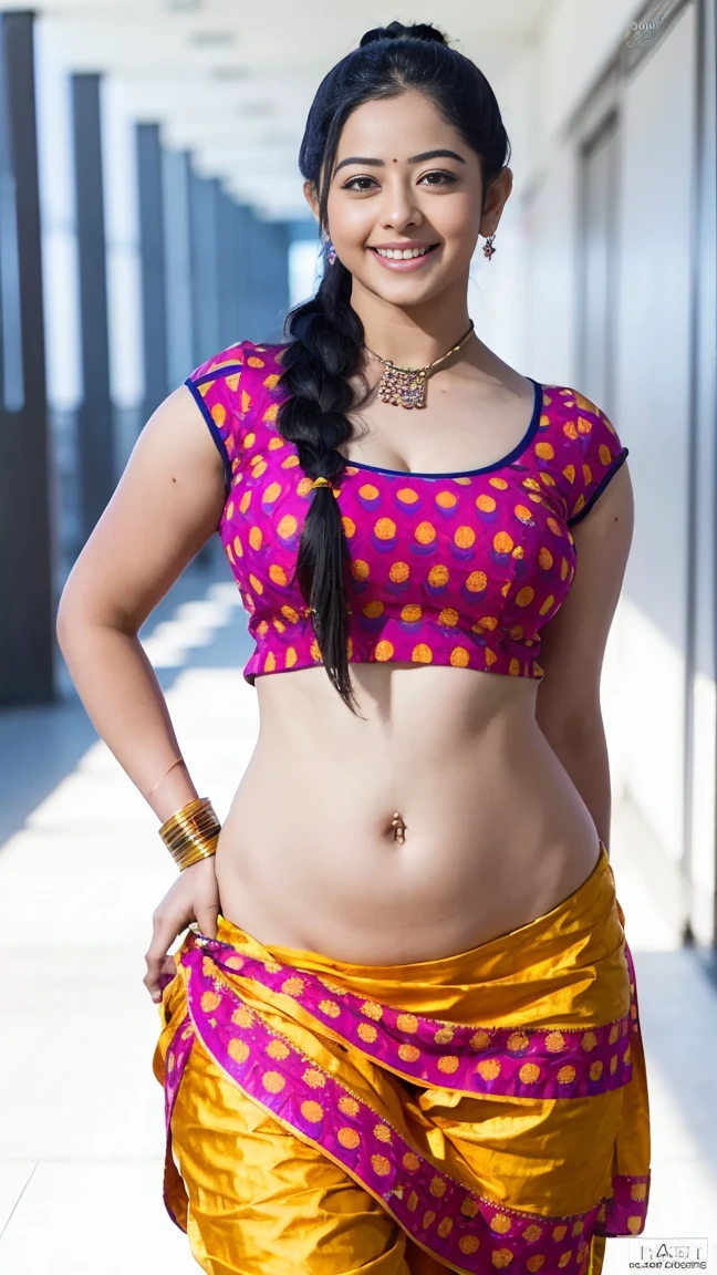 HD wallpaper 32k cinematic shoot of a Beautiful cute Rashmika Mandanna, with thick thighs and a curvy waist, twin braids, wearing an Indian blouse top, horny, seductively, in a school corridor, dotted blouse top, smiling, ((long curvy waist)), ((lowwaist)), ((curvy waist))
