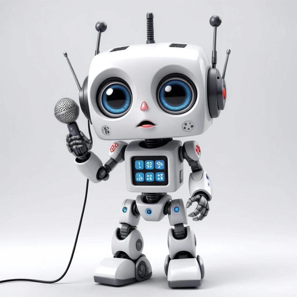 「Lost in the digital world」、A cartoon-style robot with a dice motif,A cute robot、Big eyes,antenna,Blinking、Electronic display panel on chest、Holding the microphone close to your mouth、whole body、Background is white、Mouth closed