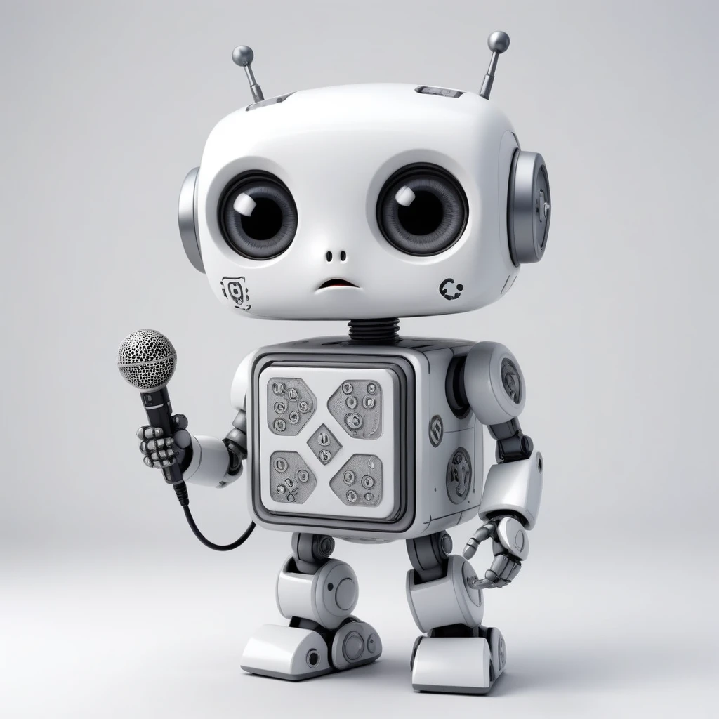 「Lost in the digital world」、A cartoon-style robot with a dice motif,A cute robot、Big eyes,antenna,Blinking、Electronic display panel on chest、Holding the microphone close to your mouth、whole body、Background is white、Mouth closed